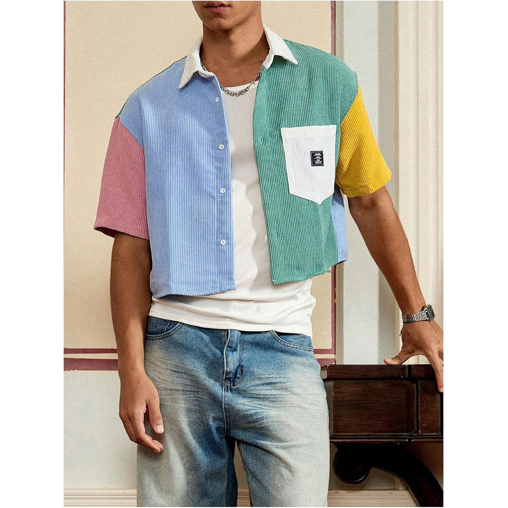 Gorglitter Men'S Striped Cropped Shirt Button Down Cool Short Sleeve Colorblock Collar Casual Streetwear Crop Top Tee