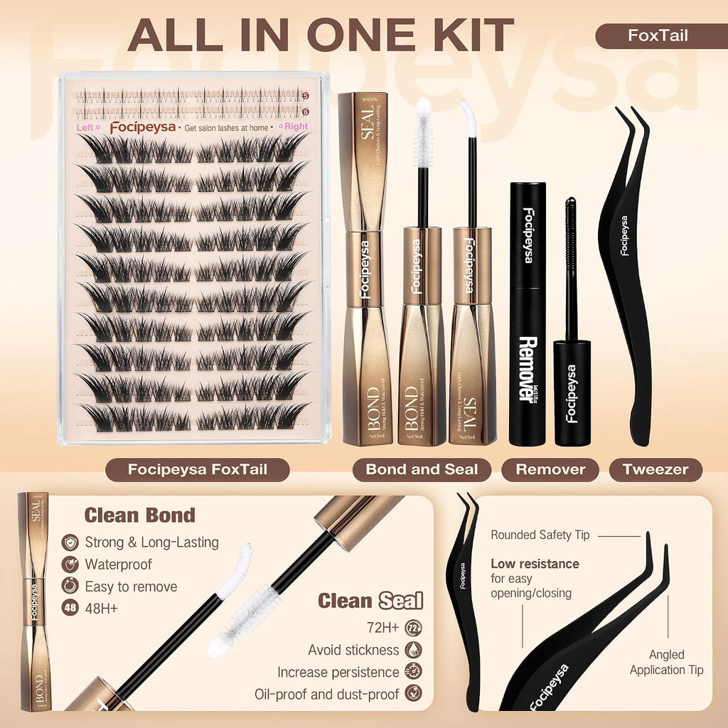 Focipeysa Fox Eye Lash Clusters Kit Fox Tail Lashes Cluster Eyelash Extensions Kit With Lash Bond And Seal, Lash Remover Lash，Lash Tweezers Diy Lash Clusters Set