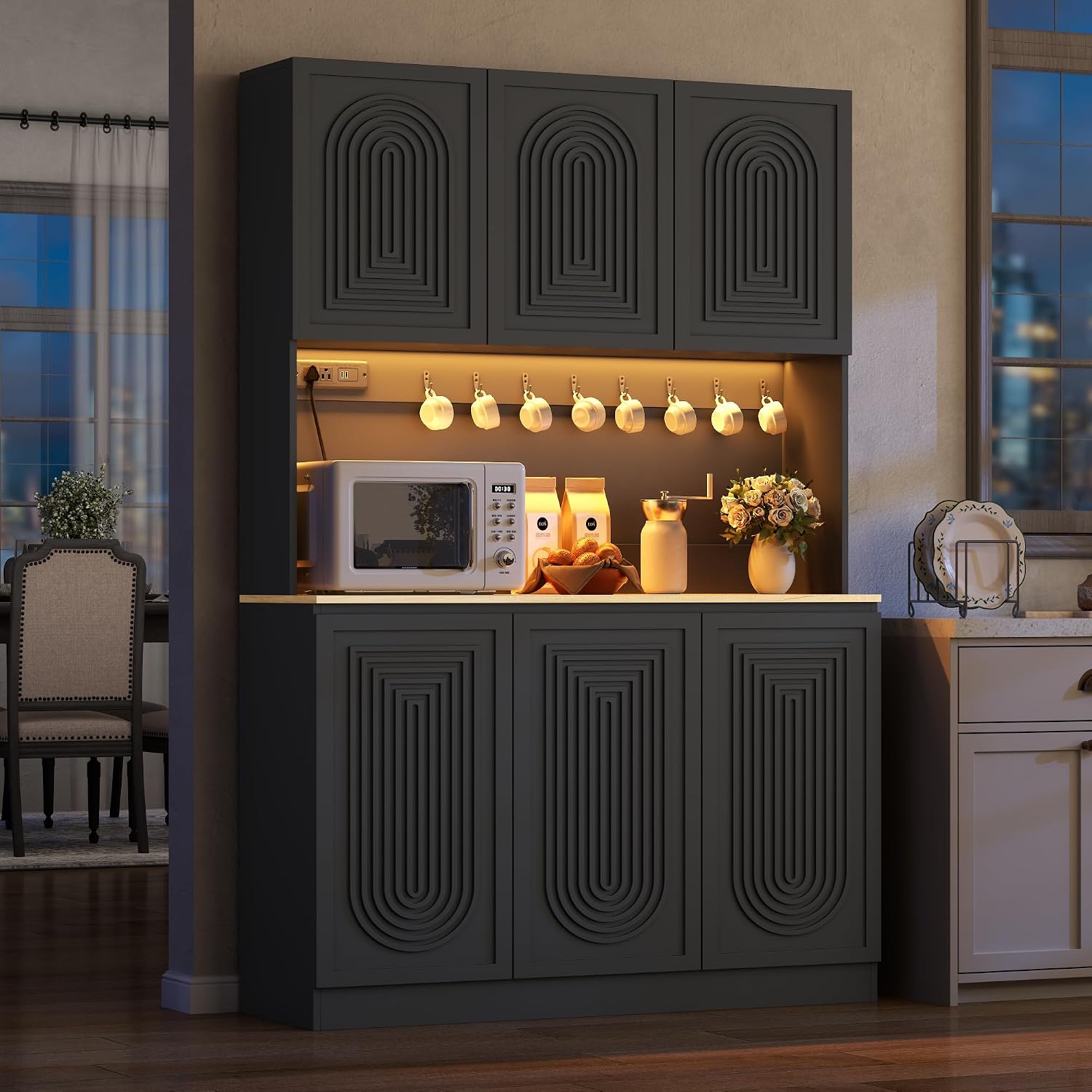 71" Black Kitchen Pantry With Power Outlet & Led Light, Large Kitchen Hutch Cabinet With Adjustable Shelf, Modern Buffet Cabinet With 6 Doors, Food Pantry Storage For Dining Room (Black 6 Doors)