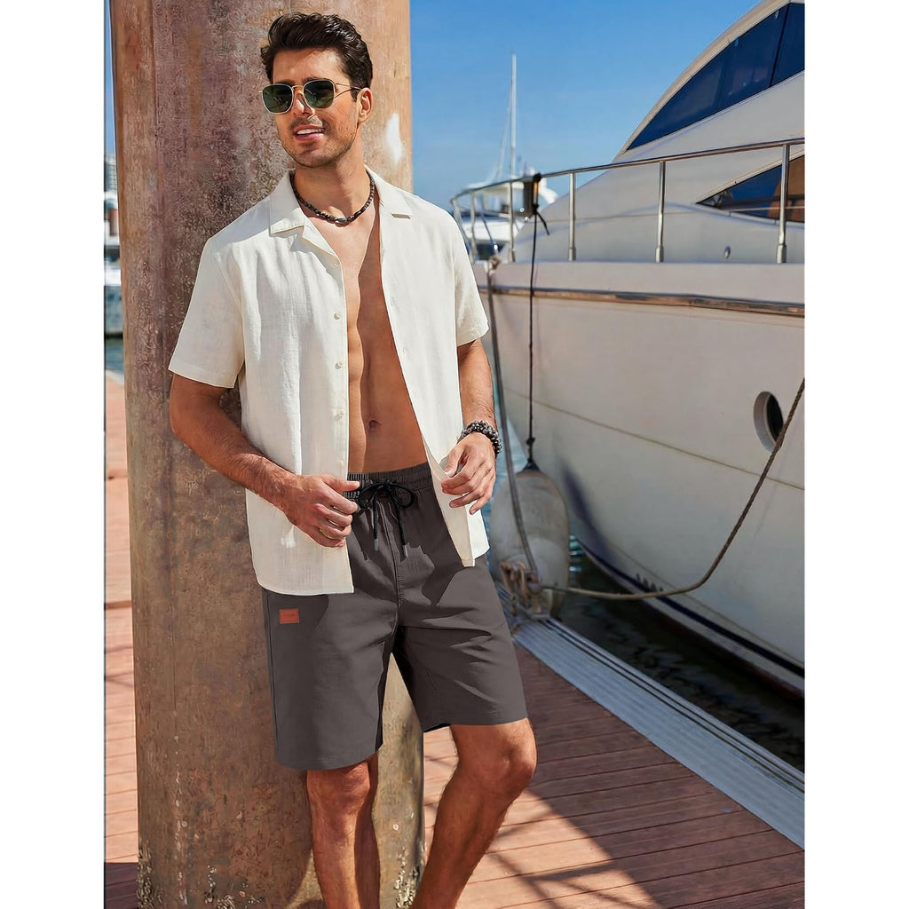 Coofandy Men'S Casual Shorts 9'' Cotton Drawstring Elastic Waist Lightweight Summer Beach Shorts With Pockets