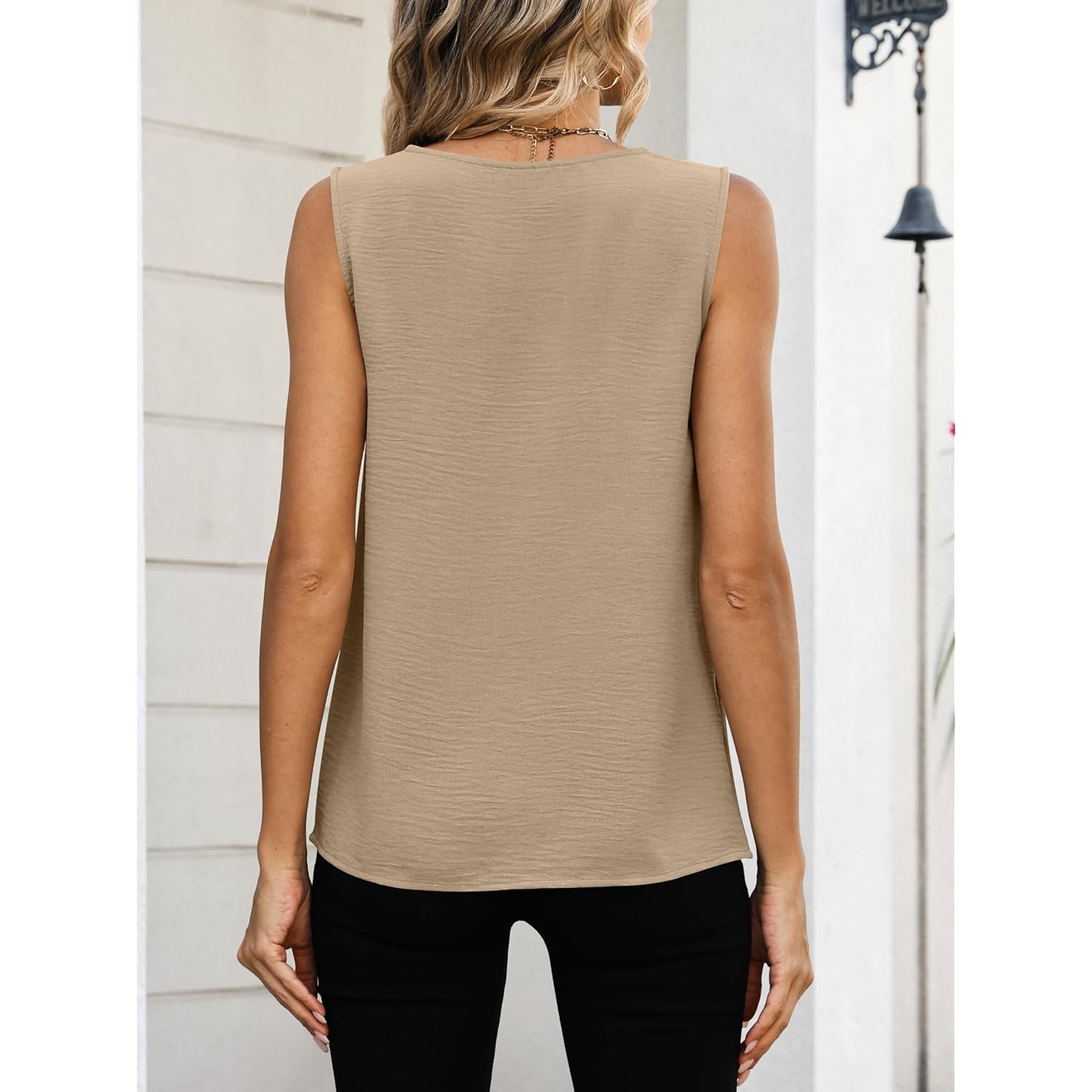 Women Tank Tops Ruched Shoulder Dressy Blouse Business Casual Outfits Sleeveless V Neck Shirt Beach Vacation Clothes