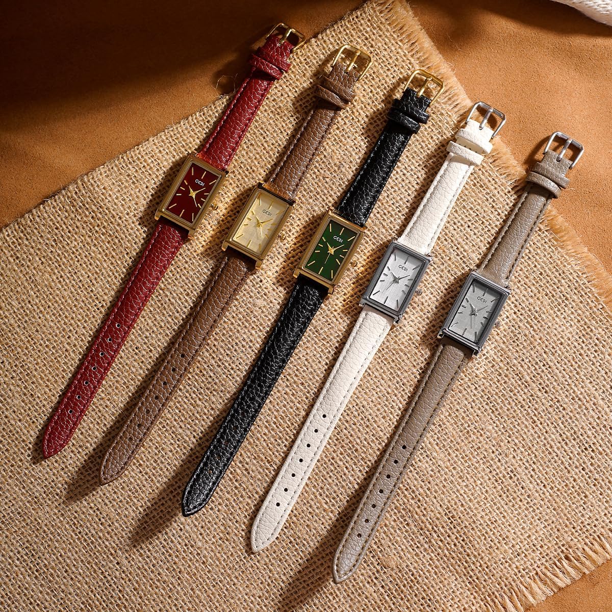 FANMIS Vintage Women's Rectangle Wristwatch Classic Ladies Analog Quartz Watch Ultra-Thin Ladies Bangle Bracelet Watch Female Business Dress Watches with Leather Strap