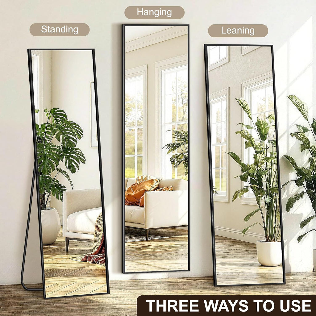Fictor Full Length Mirror With Stand, Floor Standing Mirror Full Body, Hd Shatterproof Black Frame Wall Mirror For Bedroom, Living Room, Dressing Room & Entryway, 56"X15"