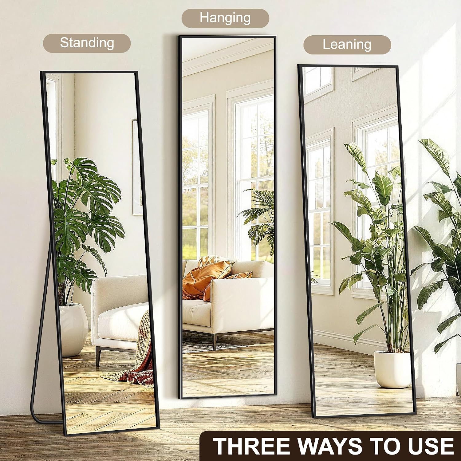 Fictor Full Length Mirror With Stand, Floor Standing Mirror Full Body, Hd Shatterproof Black Frame Wall Mirror For Bedroom, Living Room, Dressing Room & Entryway, 56"X15"