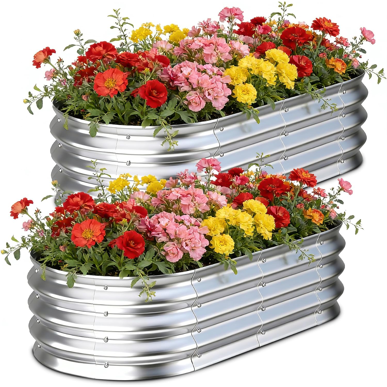 Galvanized Raised Garden Bed Outdoor, 4X2X1Ft(2Pack) Metal Heavy Duty Planter Boxes For Gardening, Easy Assemble Bottomless Small Oval Plant Container Kit For Vegetable, Flower, Fruit, Silver