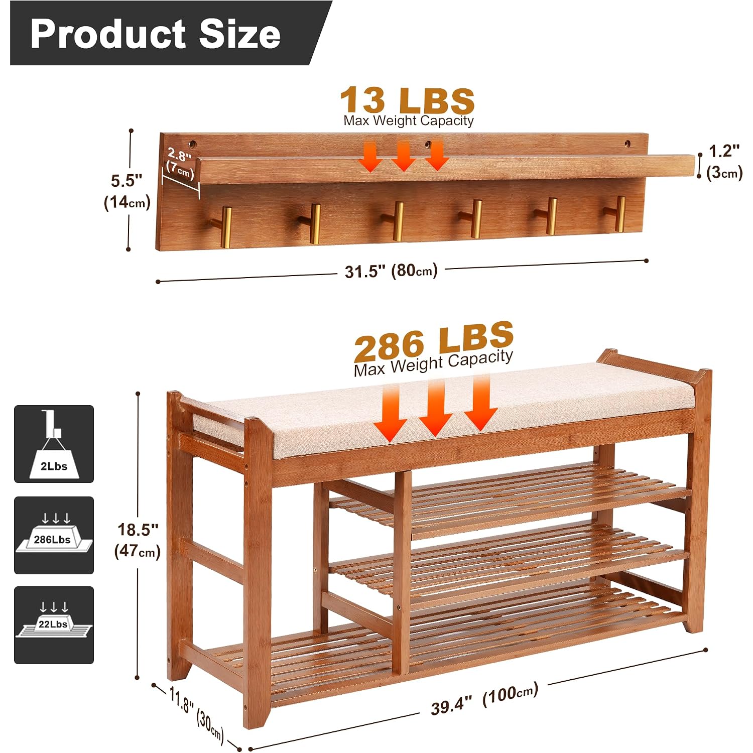 Hall Tree With Bench And Shoe Storage, Coat Rack Shoe Bench Set With Seat Cushion And 6 Hooks For Entryway, Hallway, Living Room And Bedroom