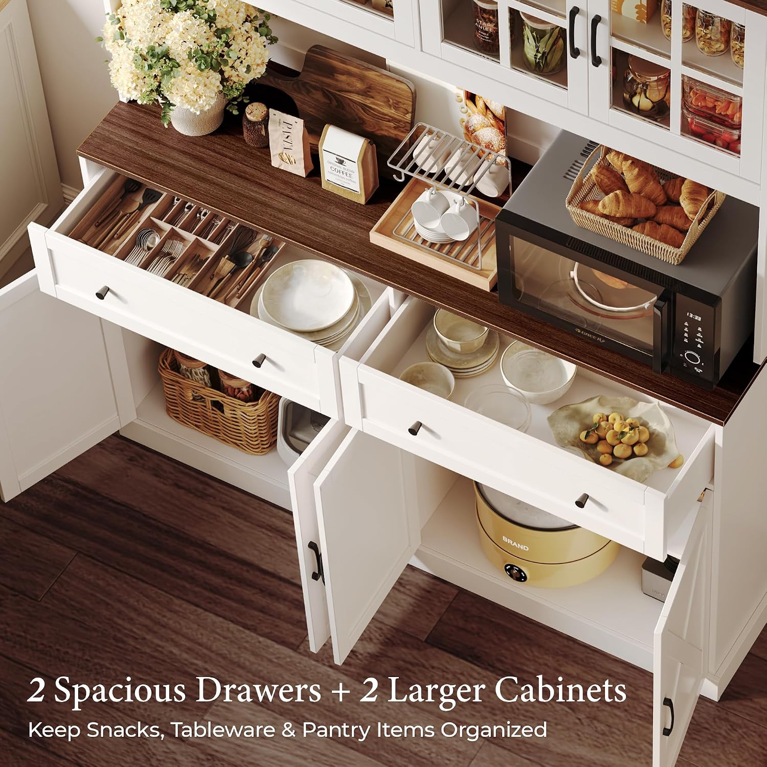 71''H X 55.1''W Pantry Cabinet With Charging Station, 4 Wide Cabinets Kitchen Pantry With 2 Drawers, Farmhouse Hutch Storage Cabinet, Tall Coffee Bar, Acrylic Door, Adjustable Shelves, White