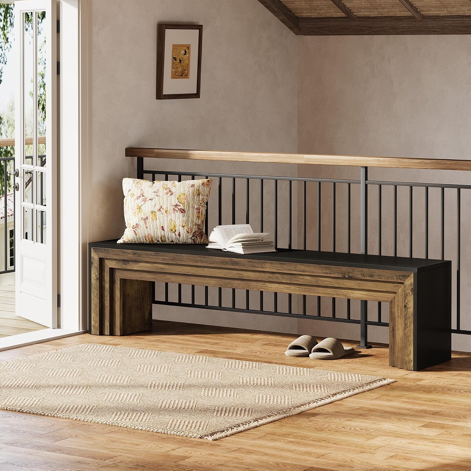 Tribesigns 71" Extra Long Entryway Bench, Farmhouse Bed Bench (Black&Brown) | Modern Wooden Shoe Bench Indoor Seating With Layered Design For Hallway, Bedroom, Living Room, Sofa Back, Dining Room