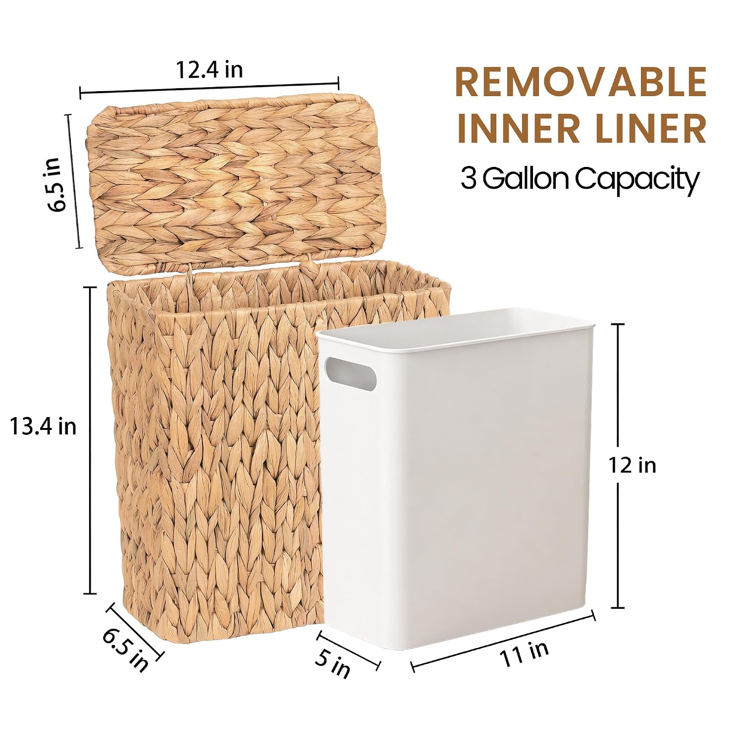 Wicker Trash Can,3 Gallon Bathroom Trash Can With Lid,Handwoven Water Hyacinth Rattan Waste Basket With Removable Liner And Built-In Handles For Bedroom,Toilet,Narrow Spaces