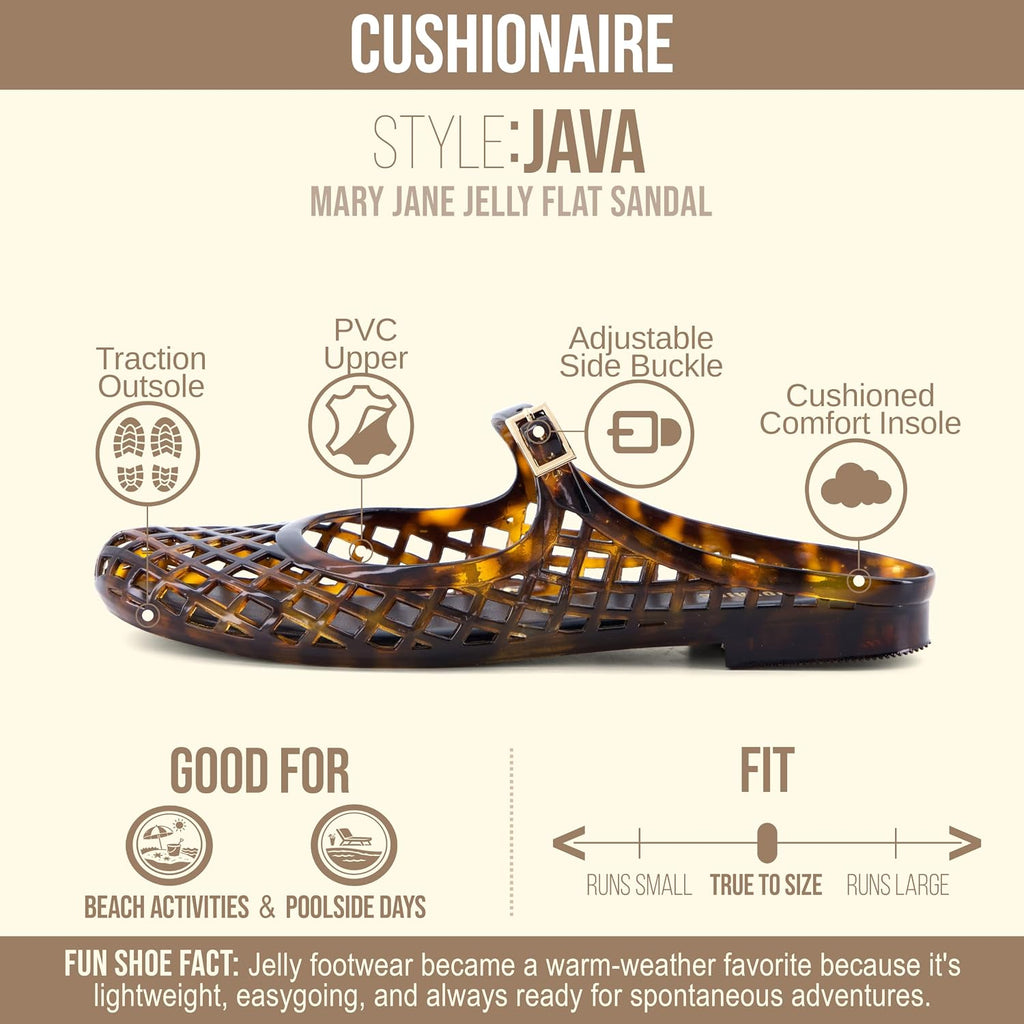Cushionaire Java Casual Womens Jelly Flats With Adjustable Strap, Closed Toe Mary Janes Mule Design, Waterproof Jelly Sandals For Women