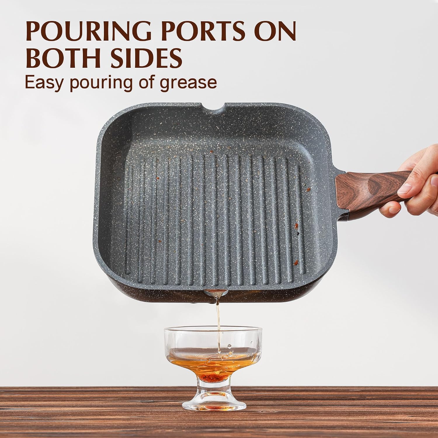 Sensarte Nonstick Grill Pan For Stove Tops, Versatile Griddle With Pour Spouts, Square Big Cooking Surface, Durable Skillet Indoor & Outdoor Grilling. Pfoa Free, 9.5 Inch