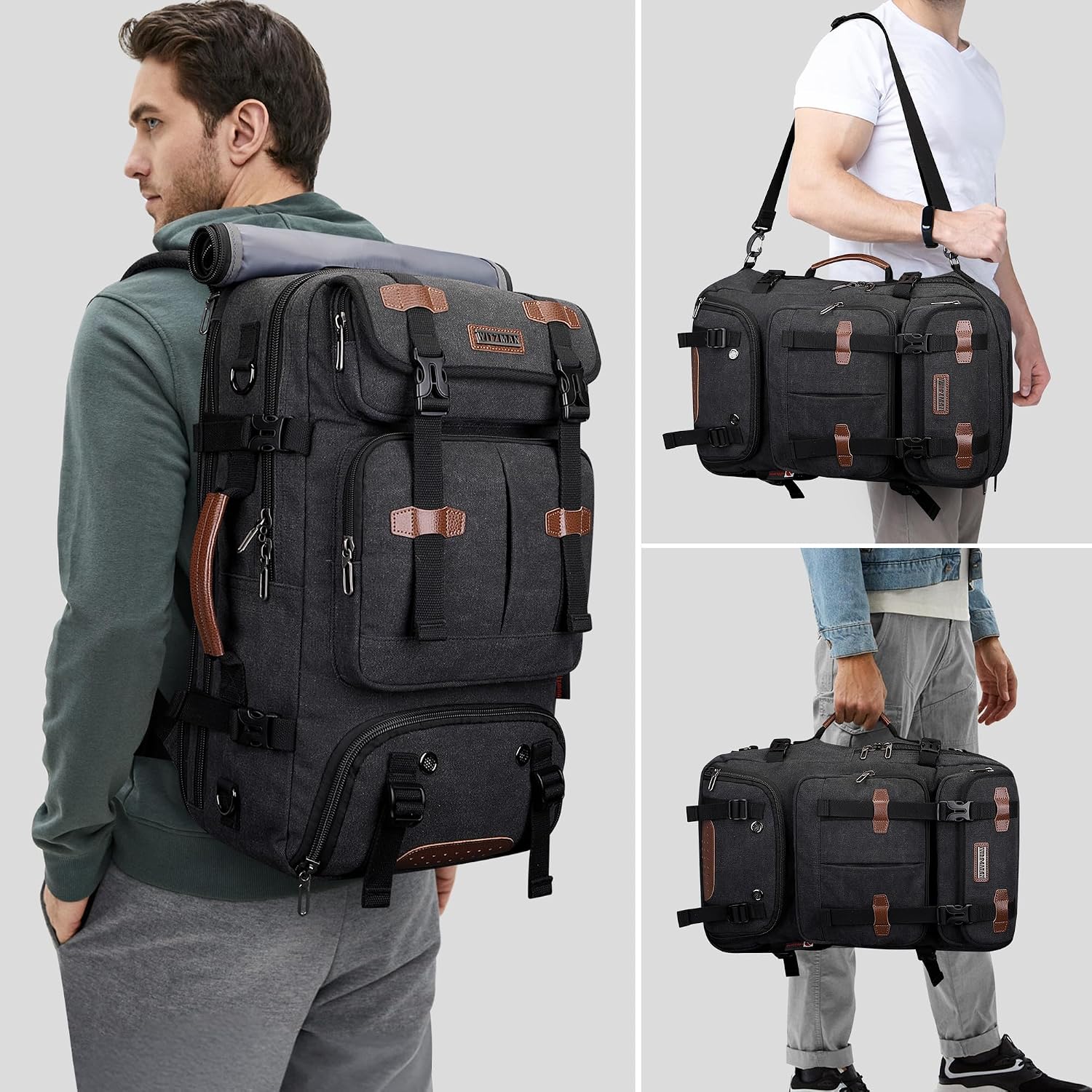 Witzman Travel Backpack For Men 40L Large Carry-On Airline Approved | Canvas 3 In 1 Duffle Luggage Bag Fits 16“ Laptop, Shoe Compartment, For Weekend Getaway, Overnight Trip
