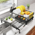 SNTD Dish Drying Rack - Extendable Dish Rack, Large Sink Drying Dish Drainer for Kitchen Counter, Stainless Steel Dish Strainer with Utensil Holder (Black)
