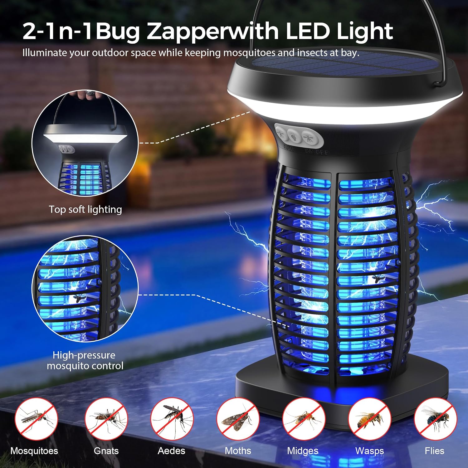 Solar Bug Zapper Outdoor, Uv Mosquito And Fly Zapper With Auto Mode, Rechargeable Cordless Electric Insect Trap, Waterproof Bug Light For Patio Backyard Porch Camping