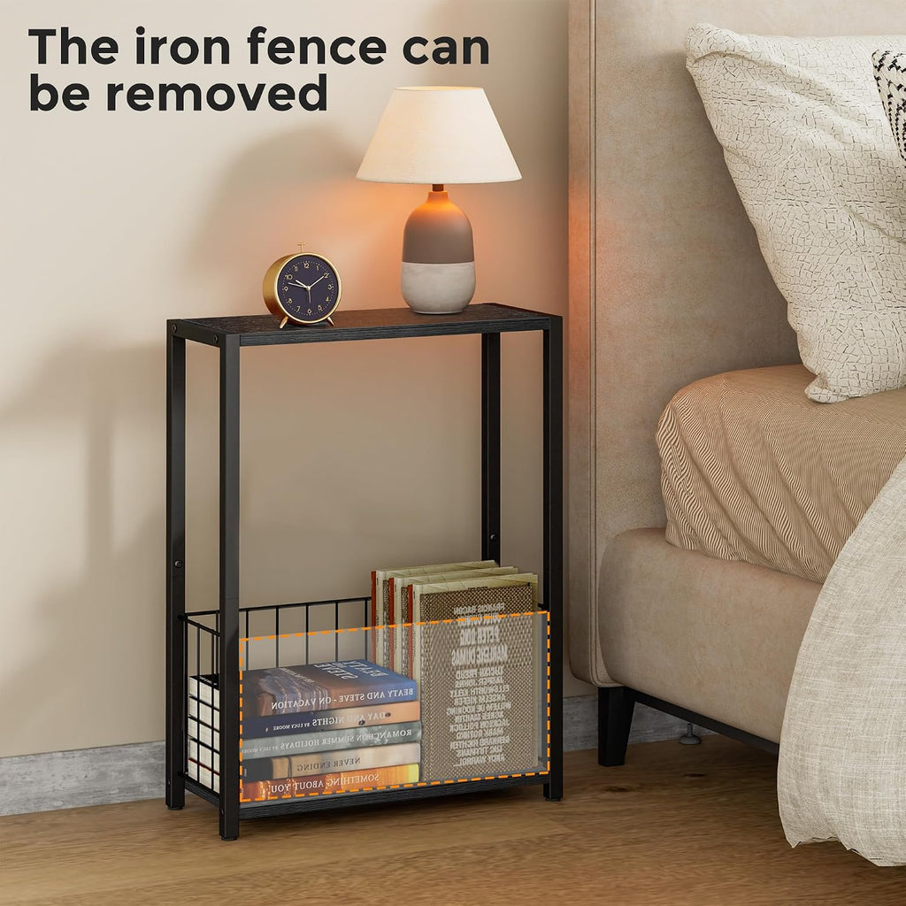 Narrow Side Table With Magazine Holder, Skinny End Table Perfect For Small Spaces, Space-Saving Design For Living Room, Bedroom, Or Office, 7.1" D X 16.9" W X 23.6" H, Black