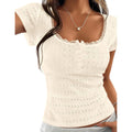 Prettygarden Summer Tops For Women 2026 Short Sleeve Lace Trim Slim Fitted Henley Tee Shirts Y2K Fashion Clothing