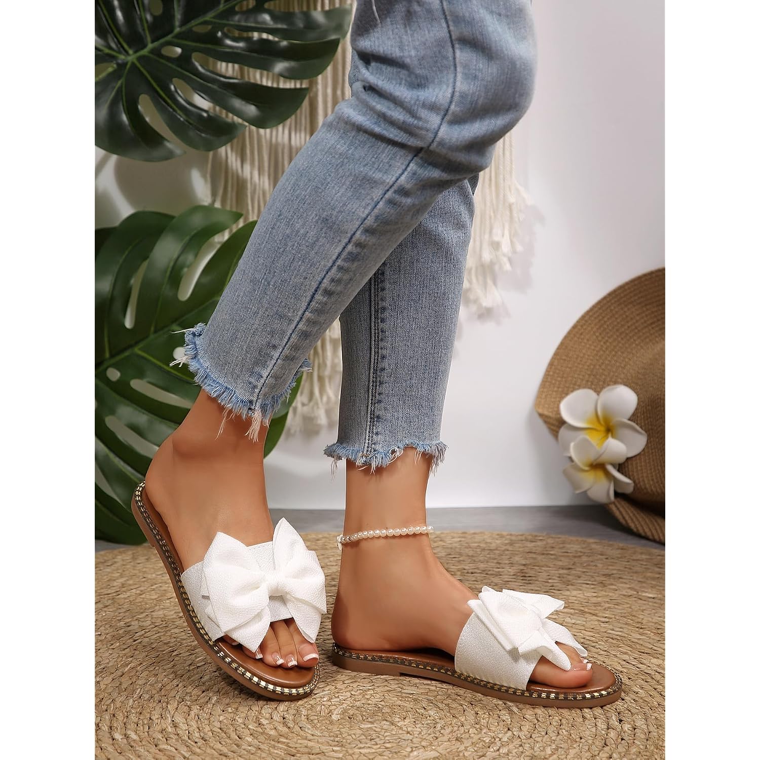 Sksshion Women'S Bow Knot Slides Open Toe Flat Sandals Summer Slip On Slippers