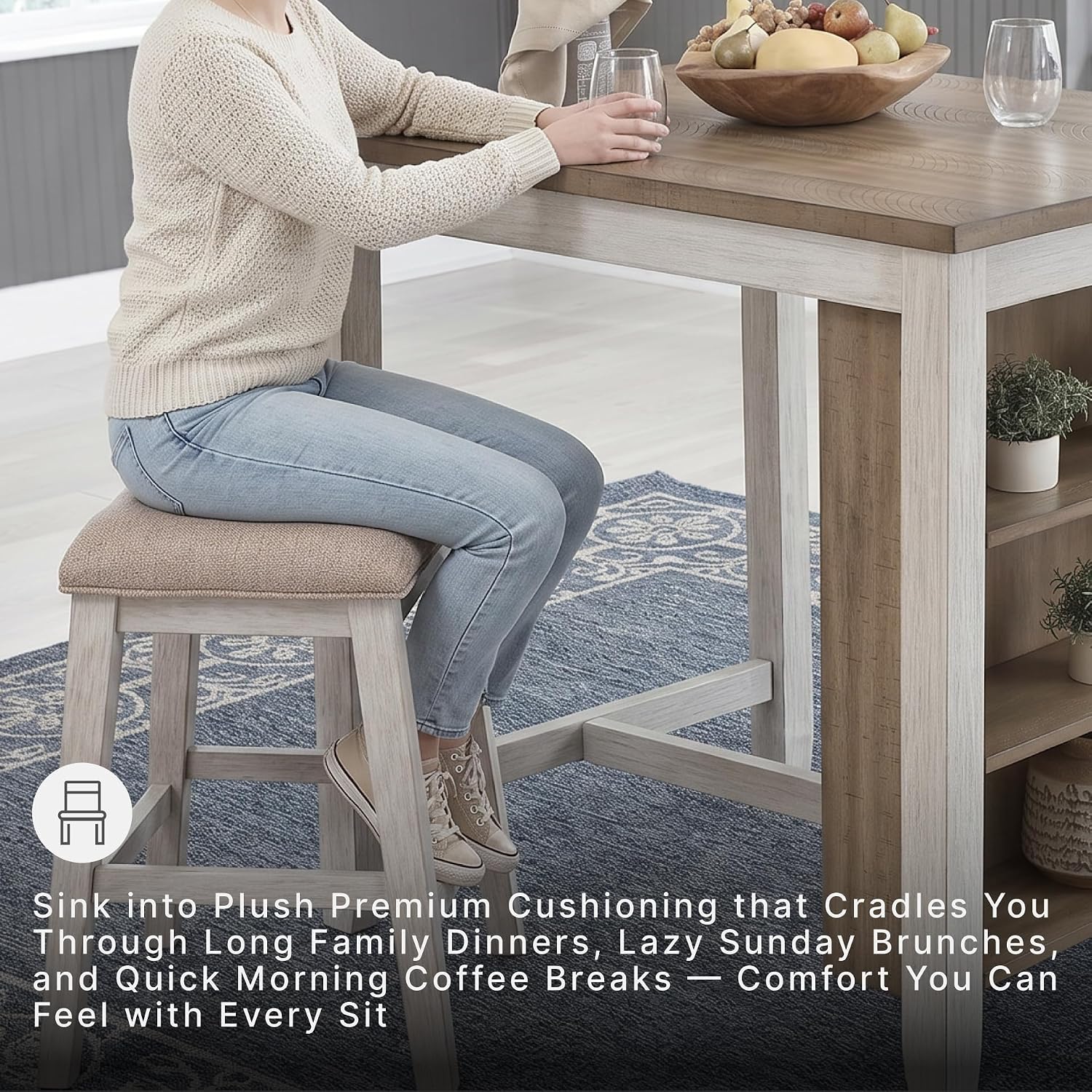 Signature Design By Ashley Skempton 3 Piece Counter Height Dining Table And Bar Stools Set, Built-In Storage, Wood, Acacia Veneer And Engineered Wood, Small Kitchen Table, White/Light Brown