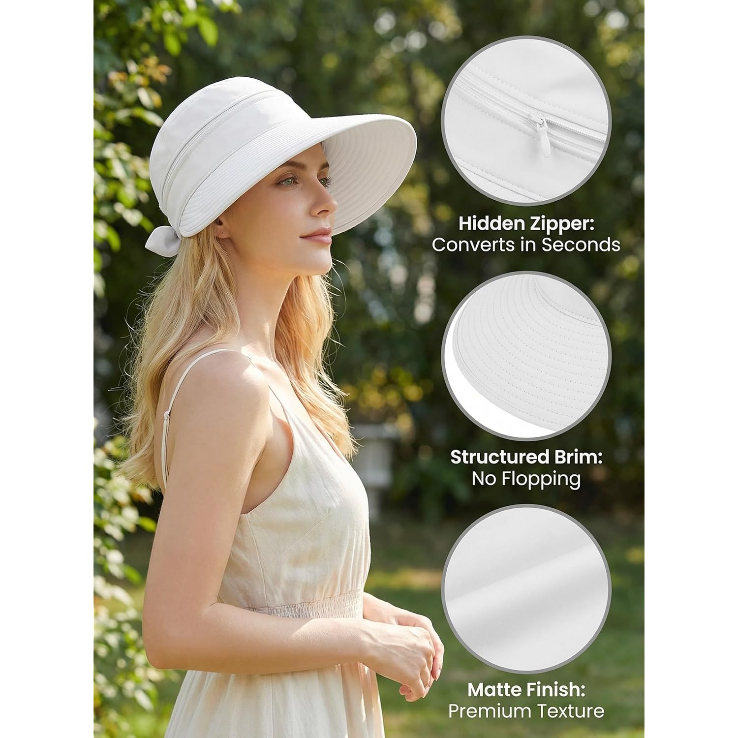 2-in-1 Women’s Sun Visor Sun Hat Zipper Off Ponytail Friendly, Lightweight Quick Dry, Summer UV Protection