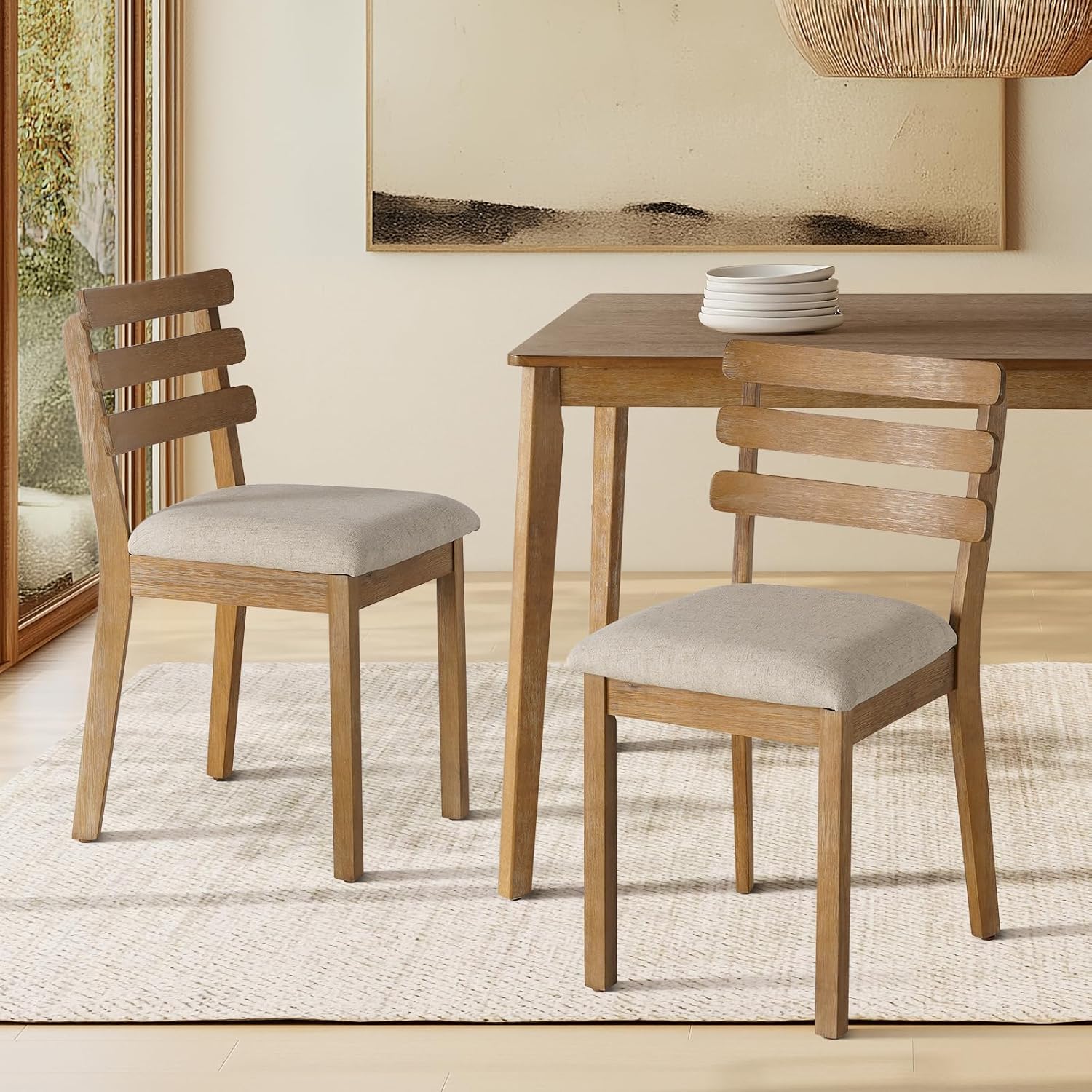 Farmhouse Dining Table Set For 4, Wooden Kitchen Table & Solid Wood Chairs | 4 Upholstered Chairs, Modern Rectangular Dining Room Table And Chairs For Kitchen, Small Spaces, Rubberwood Legs, 5-Piece
