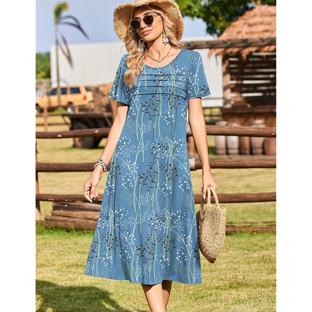 Zeagoo Womens Casual Dresses For Summer Short Sleeve Flare Midi Dress Loose Beach Sundress Pleated Front Dress With Pockets