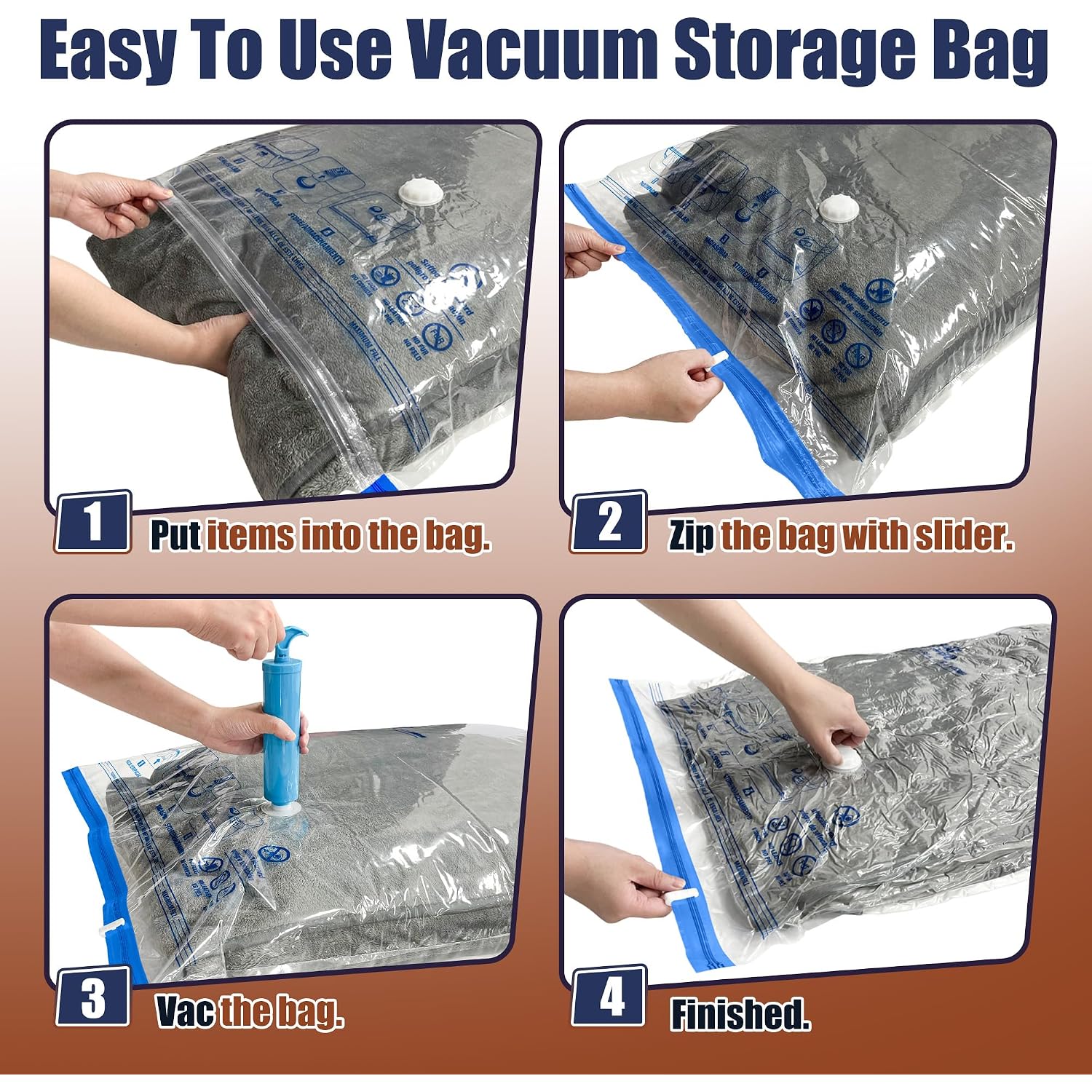 12 Jumbo Vacuum Storage Bags For Bedding, Vacuum Seal Bags For Clothing | Extra Large Xl, Airtight Triple Seal, Save 80% Space, Hand Pump, Work With Vacuum, Double Zip, Reusable, Easy To Use