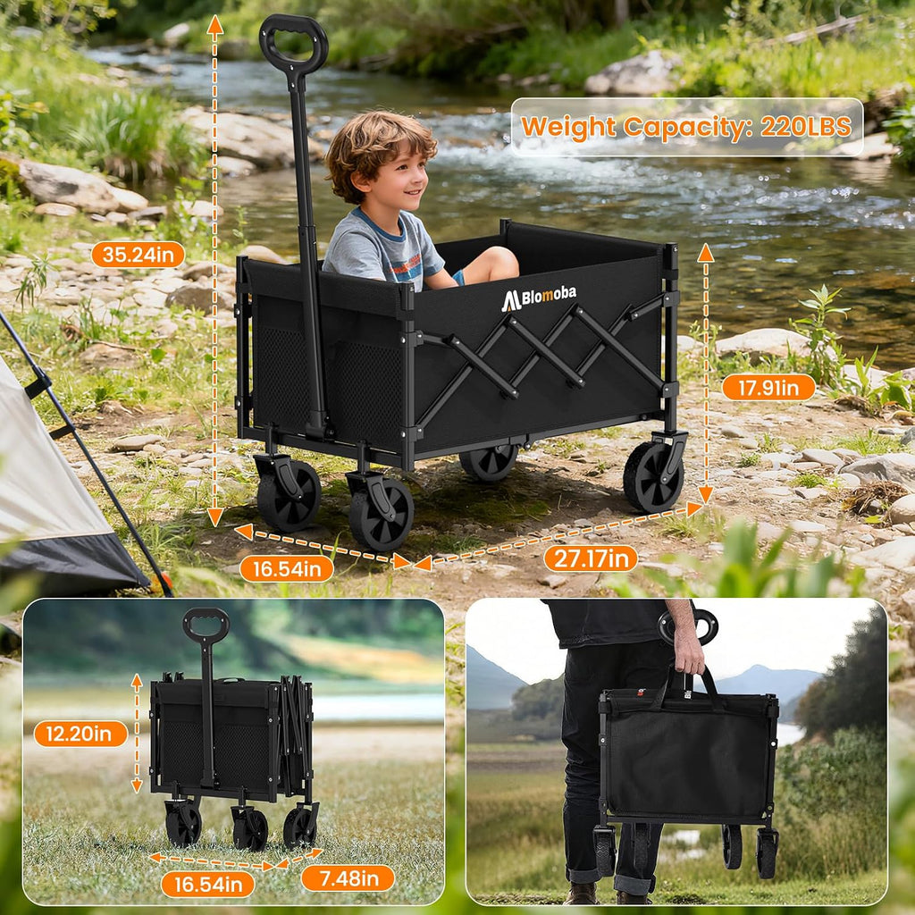 Folding Wagon Cart With Wheels, 220Lbs Utility Wagon Cart, Black | Collapsible Wagon With 360° All-Terrain Wheels & Adjustable Handle, Foldable Cart For Groceries Camping Sports Gardening
