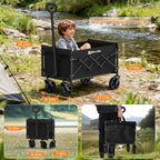 Folding Wagon Cart With Wheels, 220Lbs Utility Wagon Cart, Black | Collapsible Wagon With 360° All-Terrain Wheels & Adjustable Handle, Foldable Cart For Groceries Camping Sports Gardening