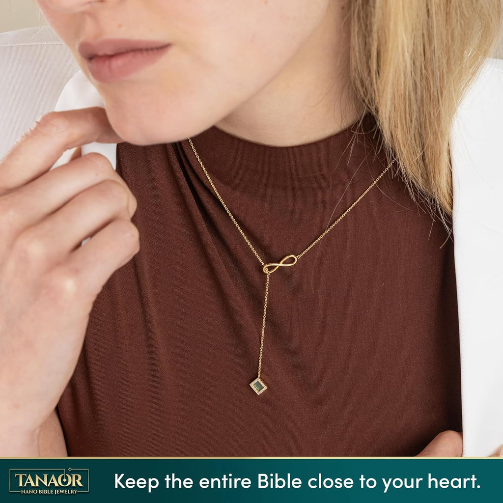 TANAOR Nano Bible Infinity Religious Lariat Necklace,16+2 in Adjustable – Mother’s Day Religious Jewelry for Mom, Religious Gifts for Mother Bible Necklace