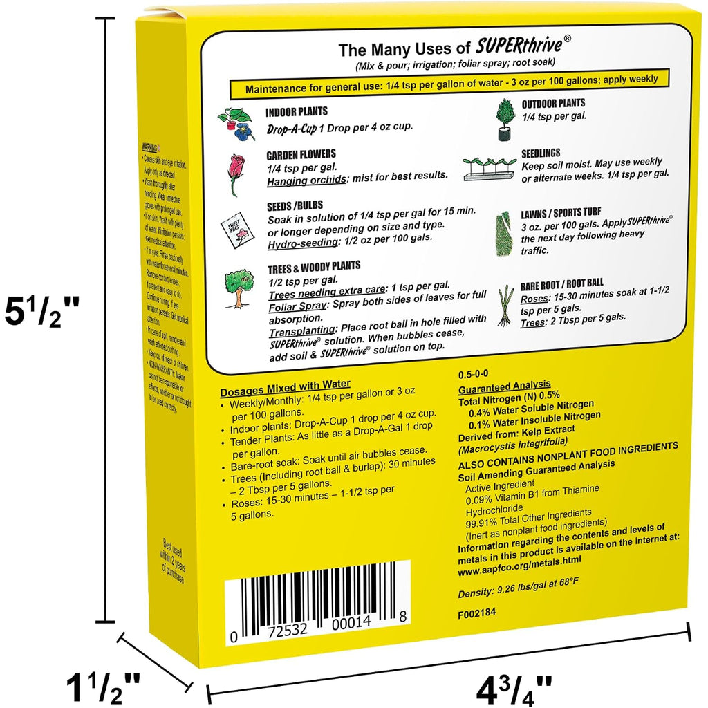 Superthrive Vitamin Solution With Kelp, Liquid Concentrate, 4 Fl Oz | 0.5-0-0 Formula With Kelp Extract. For Indoor/Outdoor Plants, Houseplants, Trees. Reduces Shock, Even For Large Trees.