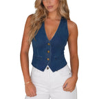Womens Denim Vest Sleeveless V Neck Jean Vest Top Suit Waistcoat