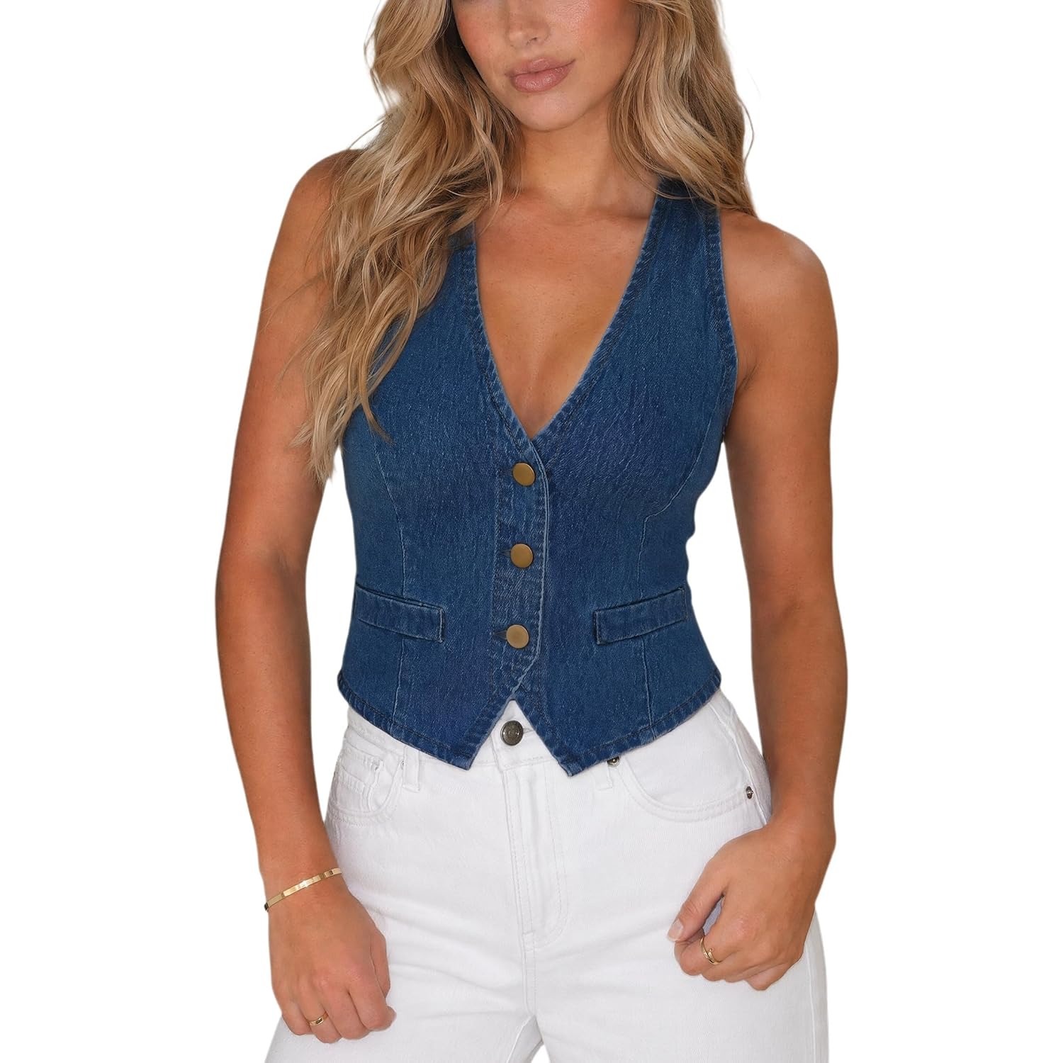 Womens Denim Vest Sleeveless V Neck Jean Vest Top Suit Waistcoat