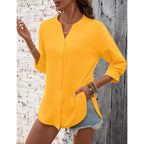 Lomon 3/4 Length Sleeve Womens Tops V Neck 3/4 Sleeve Sides Slit Button Down Shirts Cotton Linen Casual Loose Blouses