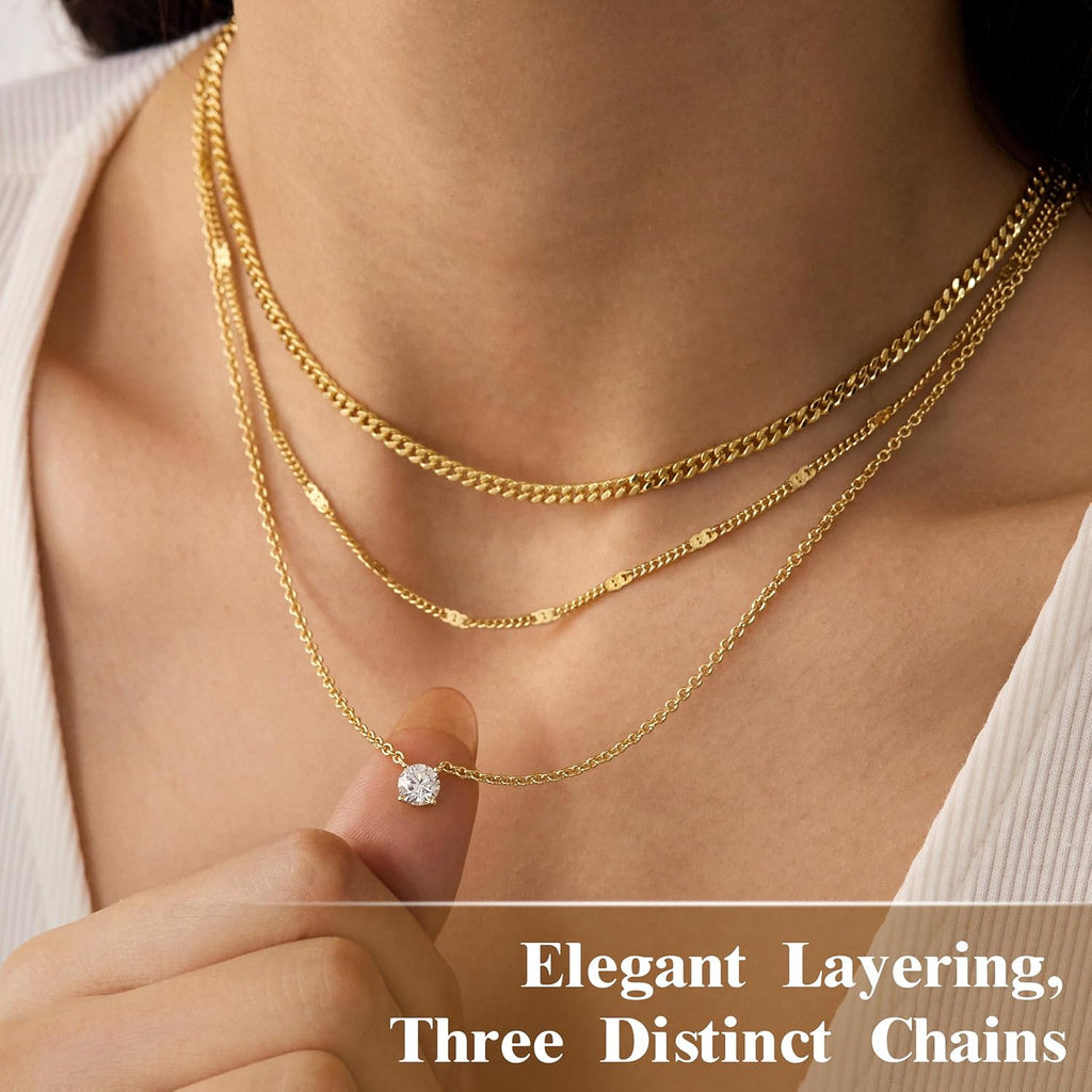 WomenGifts Layered Gold Necklaces for Women, 14K Gold Sterling Silver Plated Dainty Pendant Necklace Set Non Tarnish, Chunky Stackable Cuban Chain Choker, Trendy Personalized Birthstone Jewelry Gift for Mom