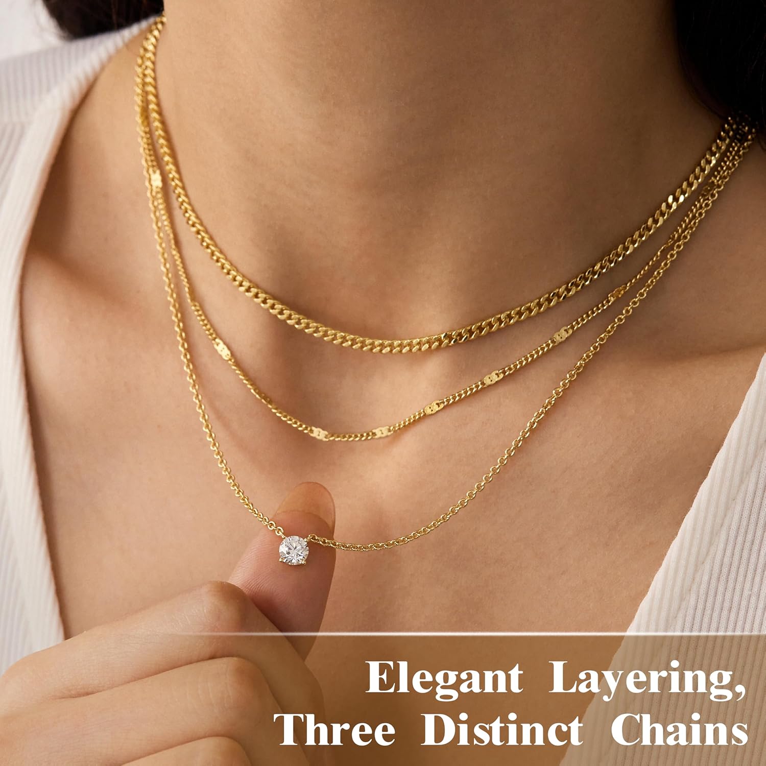 WomenGifts Layered Gold Necklaces for Women, 14K Gold Sterling Silver Plated Dainty Pendant Necklace Set Non Tarnish, Chunky Stackable Cuban Chain Choker, Trendy Personalized Birthstone Jewelry Gift for Mom