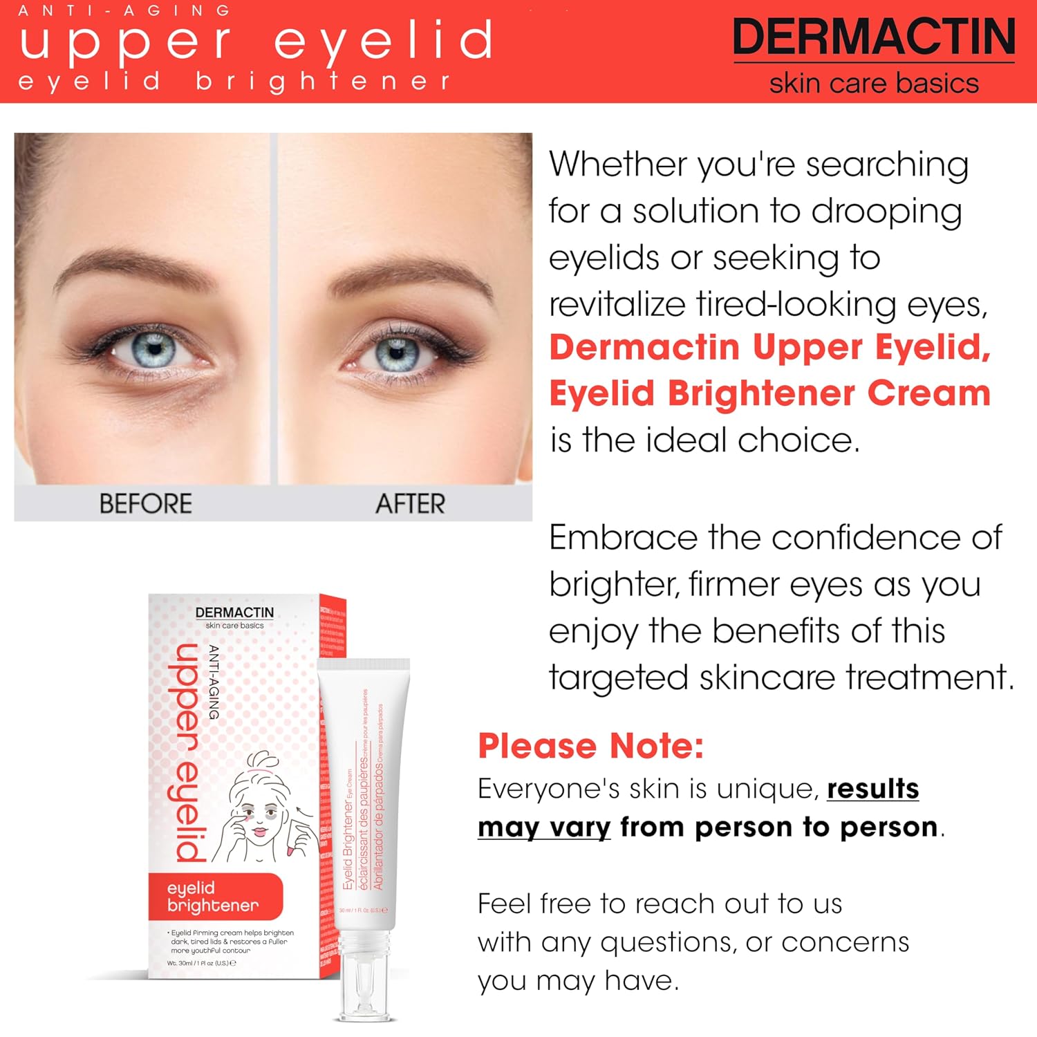Dermactin Upper Eyelid Cream 1 Oz. Firms & Tones Sagging & Drooping Skin On Upper Eye Lids, For Younger, More Vibrant & Alert Appearance, For Sensitive Skin In The Eyelids
