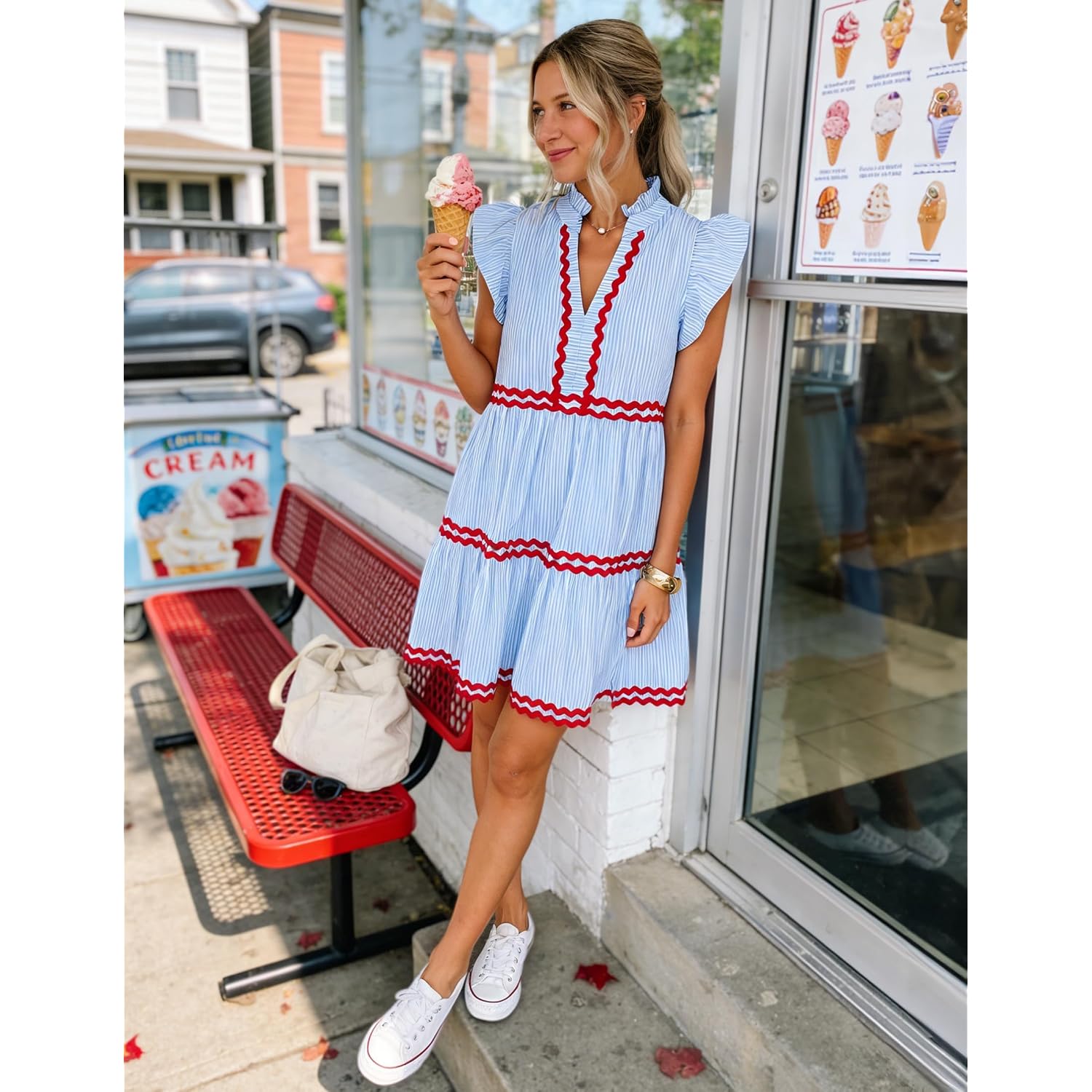 Zesica Women'S Summer Casual Mini Dress 2026 V Neck Flutter Short Sleeve Striped Ruffle A Line Beach Vacation Dresses