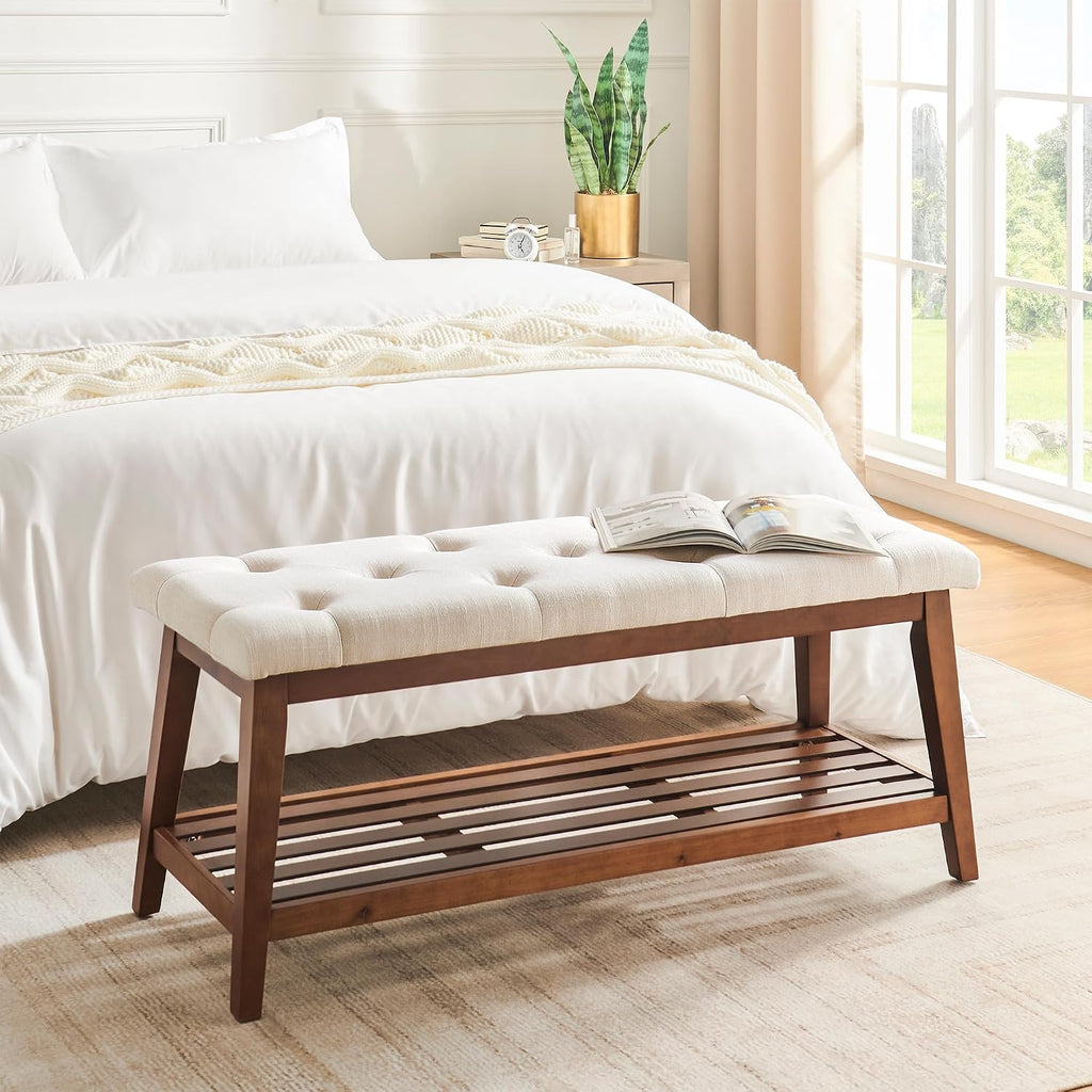 Upholstered Bench For Bedroom End Of Bed,42.5-Inch Entryway Bench For Living Room,Dining Bench With Padded Seat And Solid Wood Leg For Kitchen Bedroom,Indoor And Hallway (Shoe Bench, Beige)