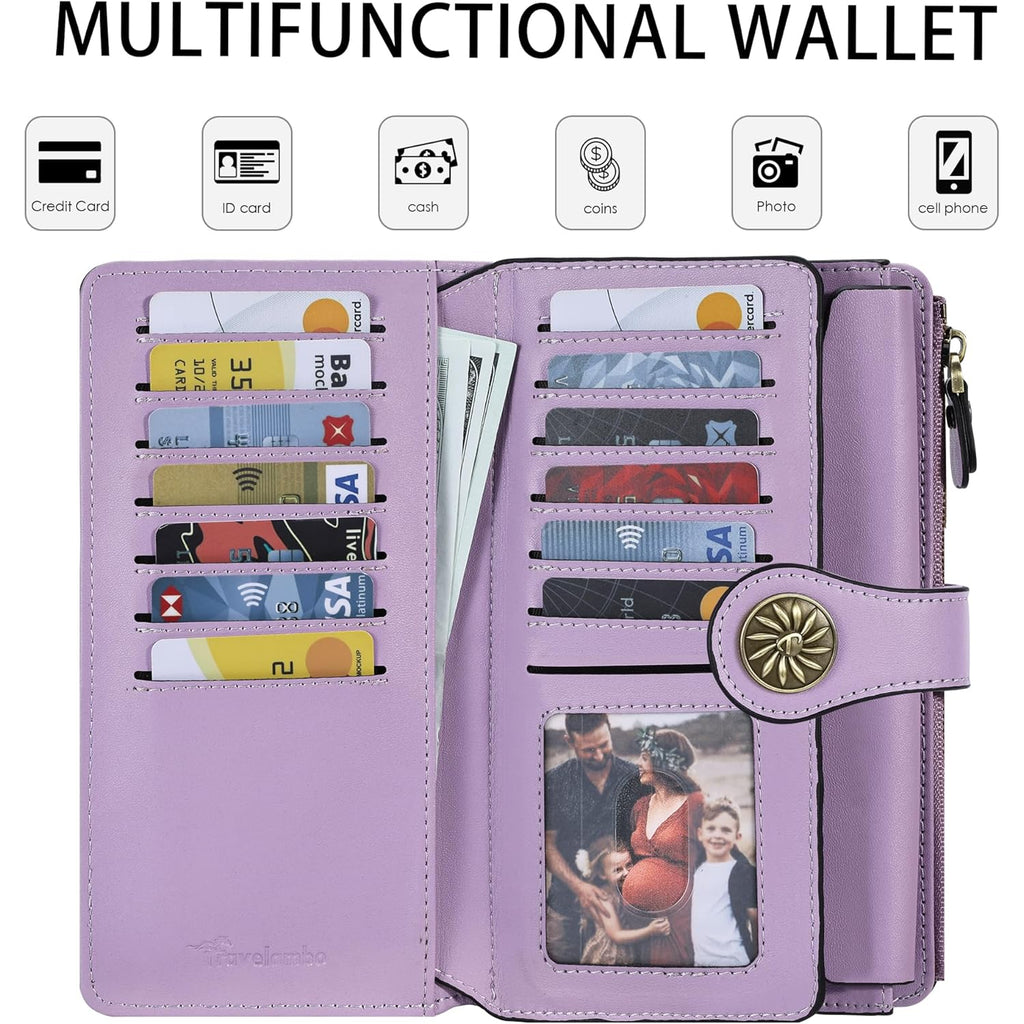 Travelambo Women's Wallet RFID Blocking Trifold Clutch Large Capacity Credit Card Holder Travel Purse