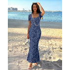 Merokeety Women Summer Floral Wedding Guest Maxi Dress 2026 Formal Short Sleeve Square Neck Bodycon Cocktail Party Long Dress