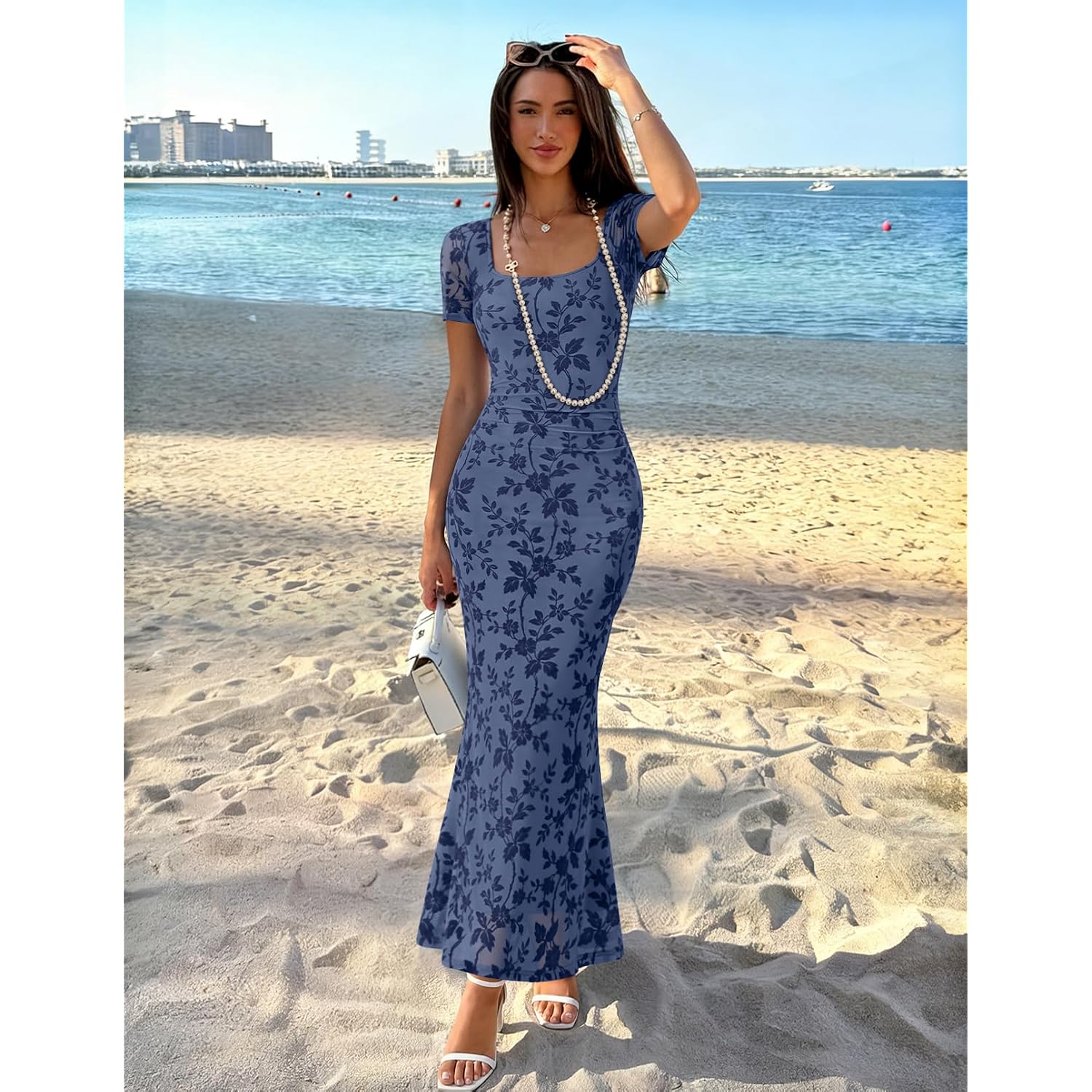 Merokeety Women Summer Floral Wedding Guest Maxi Dress 2026 Formal Short Sleeve Square Neck Bodycon Cocktail Party Long Dress