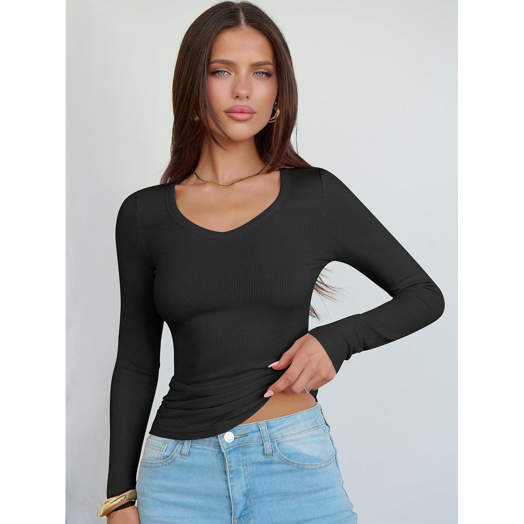 Long Sleeve Shirts for Women V Neck Ribbed Knit Fitted Fall Basic Tshirts Going Out Tops 2026 Casual Trendy Clothes