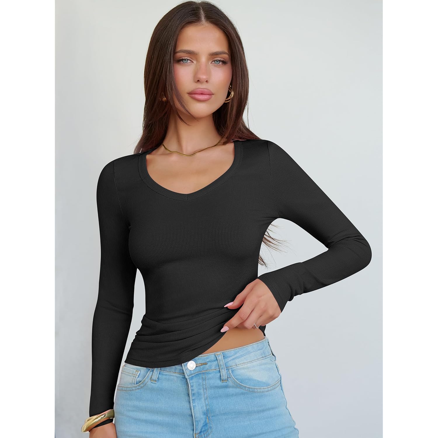 Long Sleeve Shirts for Women V Neck Ribbed Knit Fitted Fall Basic Tshirts Going Out Tops 2026 Casual Trendy Clothes