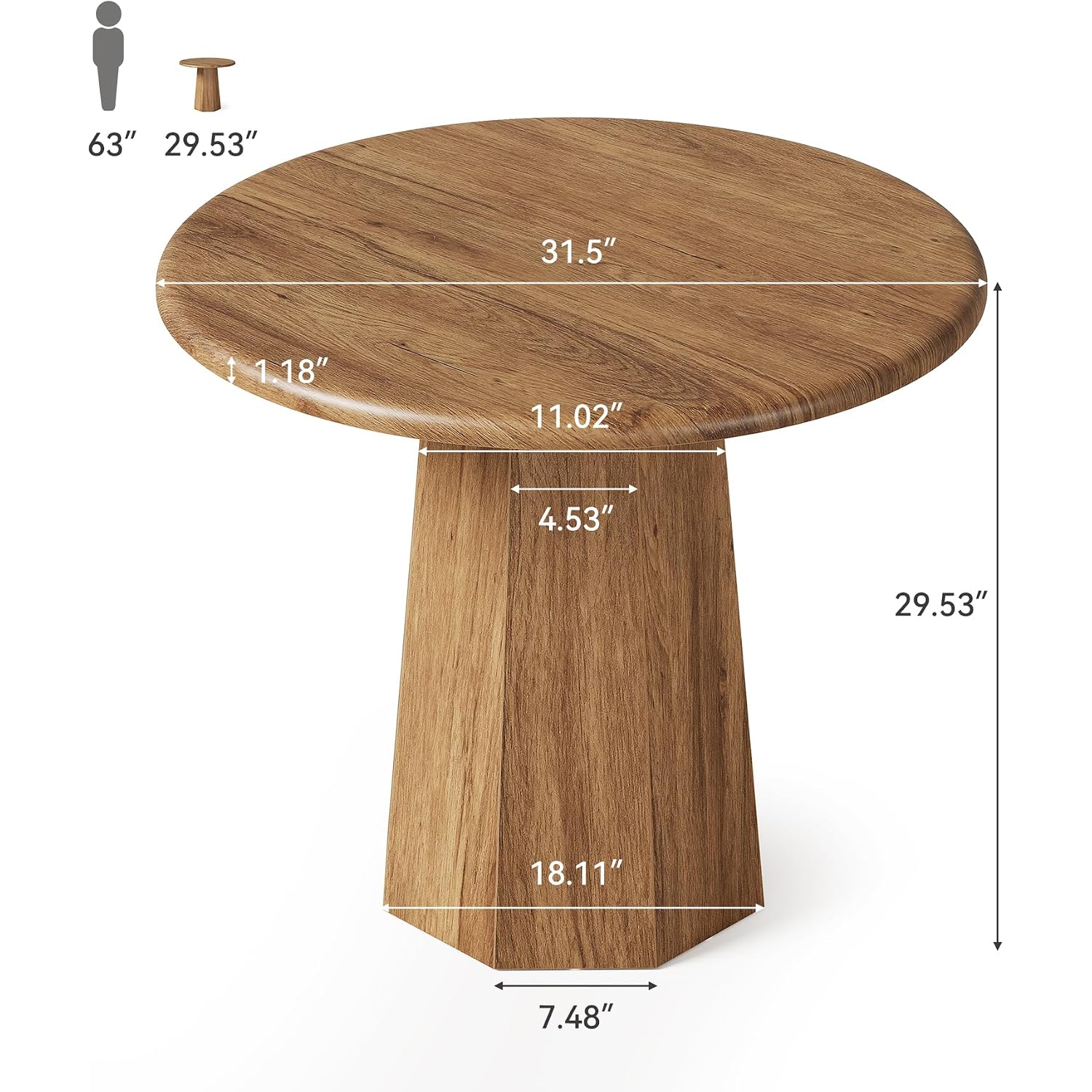 Little Tree 31.5" Round Dining Table For 4, Wood Kitchen Table For Dining Room, Small Dinner Table With Wooden Tabletop And Octagonal Base For Apartments, Office & Restaurants, Deep Brown (Oak Brown)