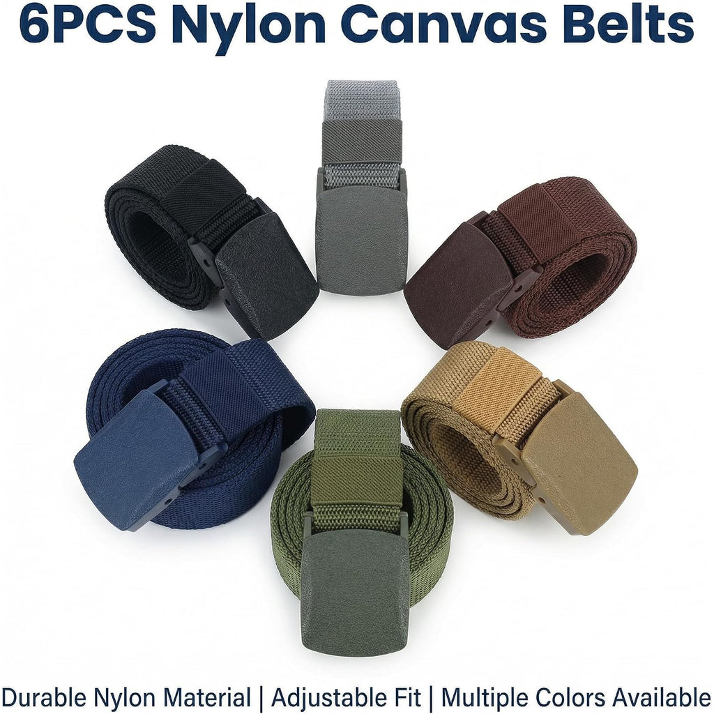 6 Pack Tactical Belt For Men, Metal Free Nylon Web Belts With Heavy Duty Pom Buckle, 1.5" Work Utility Belt