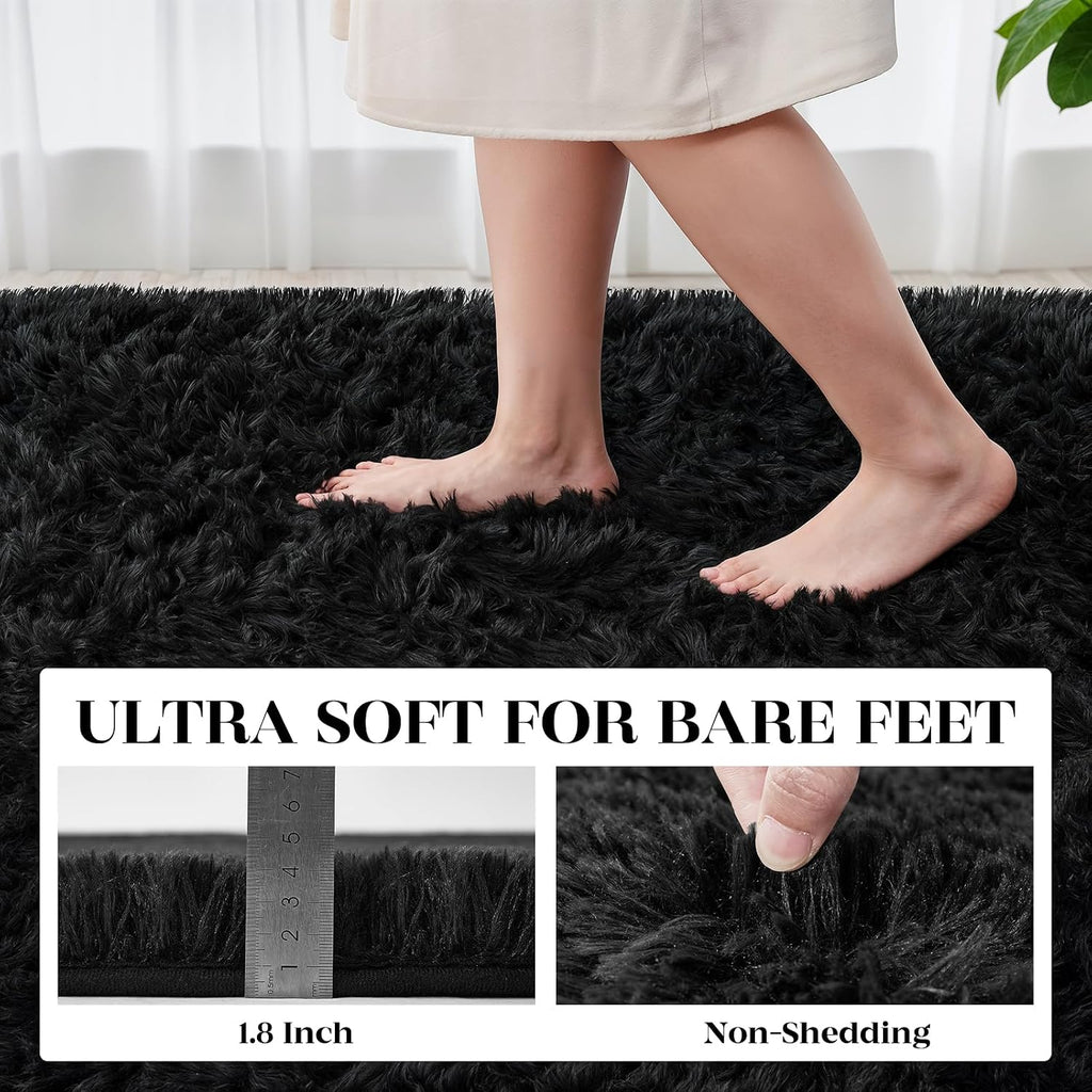 Area Rug For Living Room Bedroom: 5X7 Soft Fluffy Shag Rugs Upgrade Non-Slip High Pile Carpet Large Fuzzy Plush Indoor Floor Shaggy Carpets For Nursery Kid Playroom Office Dorms Home Decor Black