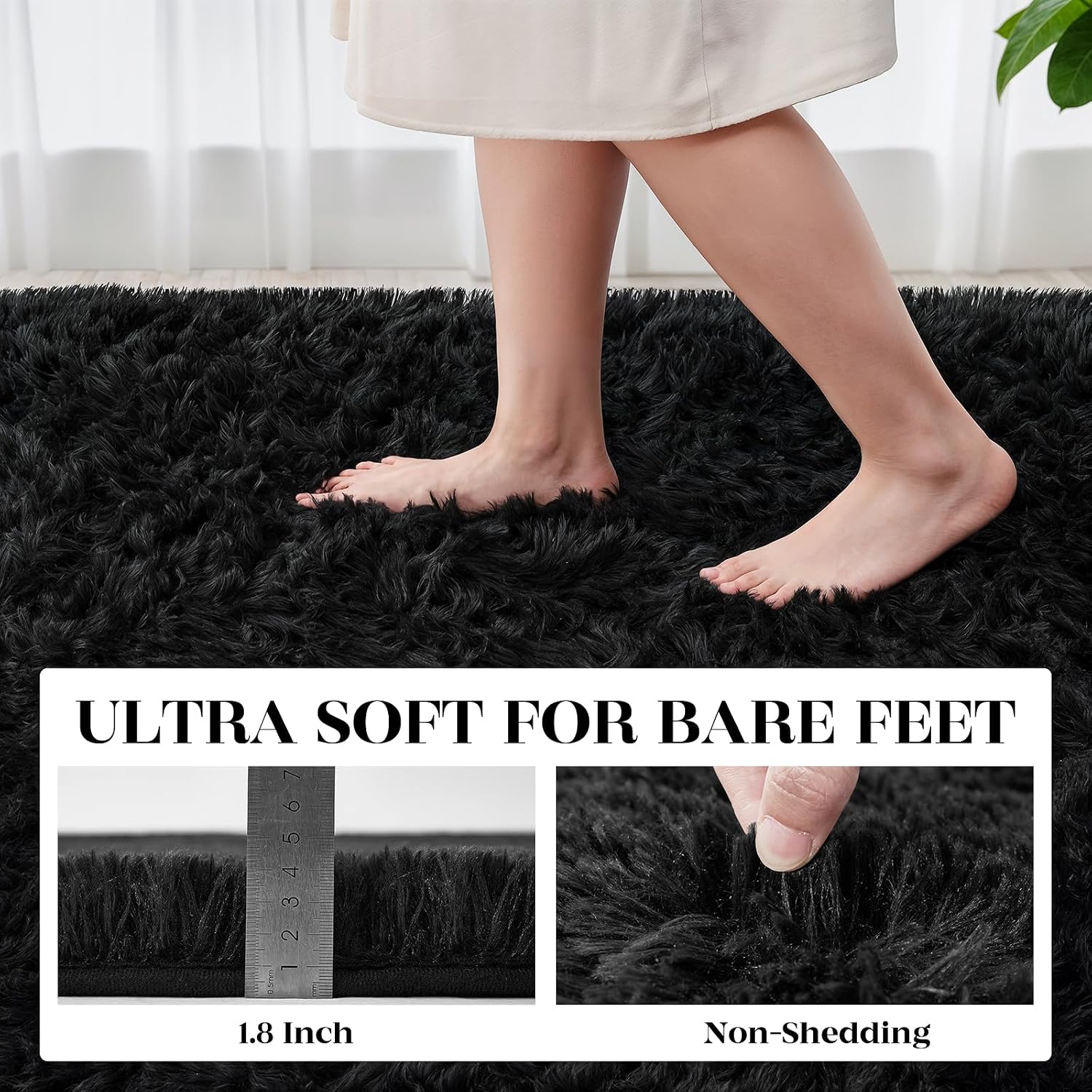 Area Rug For Living Room Bedroom: 5X7 Soft Fluffy Shag Rugs Upgrade Non-Slip High Pile Carpet Large Fuzzy Plush Indoor Floor Shaggy Carpets For Nursery Kid Playroom Office Dorms Home Decor Black