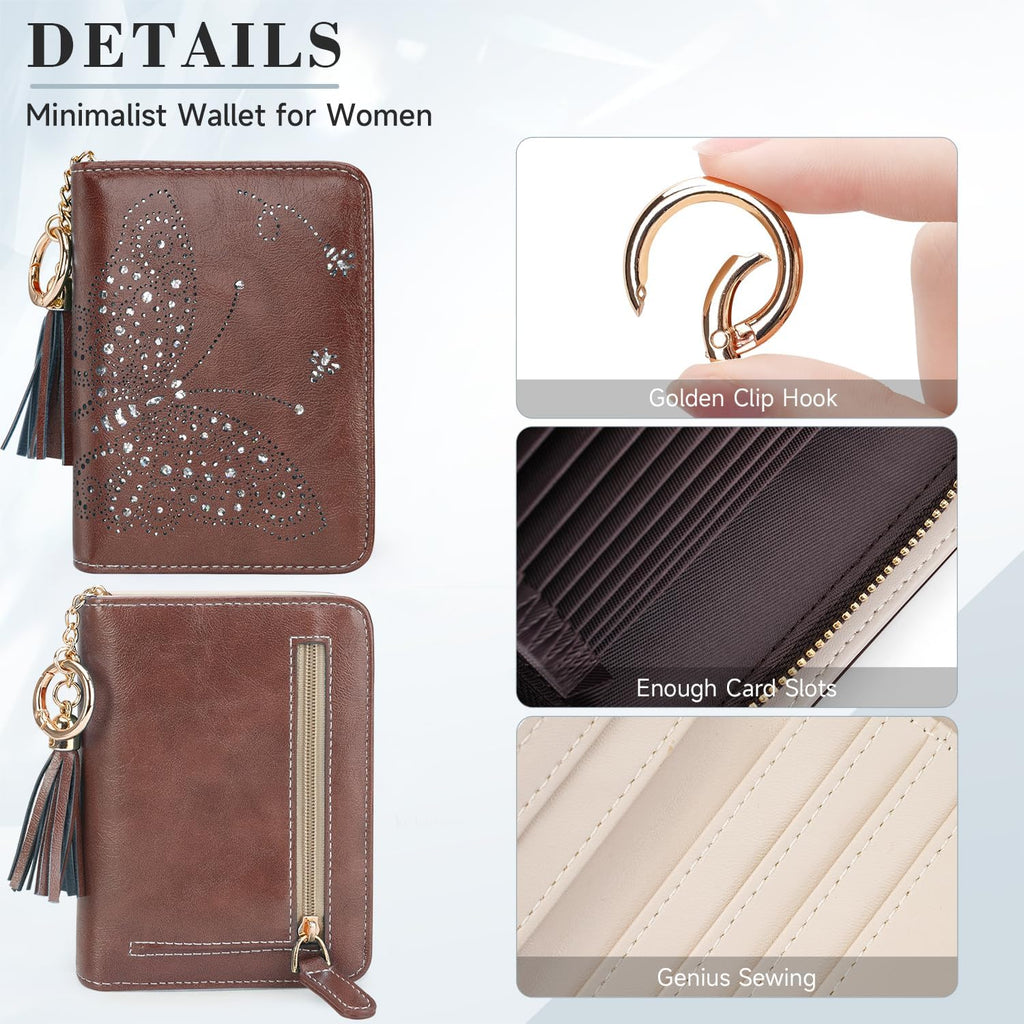 KITEVIUN Women RFID Blocking Small Bifold Wallet, Compact Cash Clutch with Zipper Coin Pocket, Glittery Butterfly Design, Credit Card Holder, Travel Purse with Tassel COFFEE