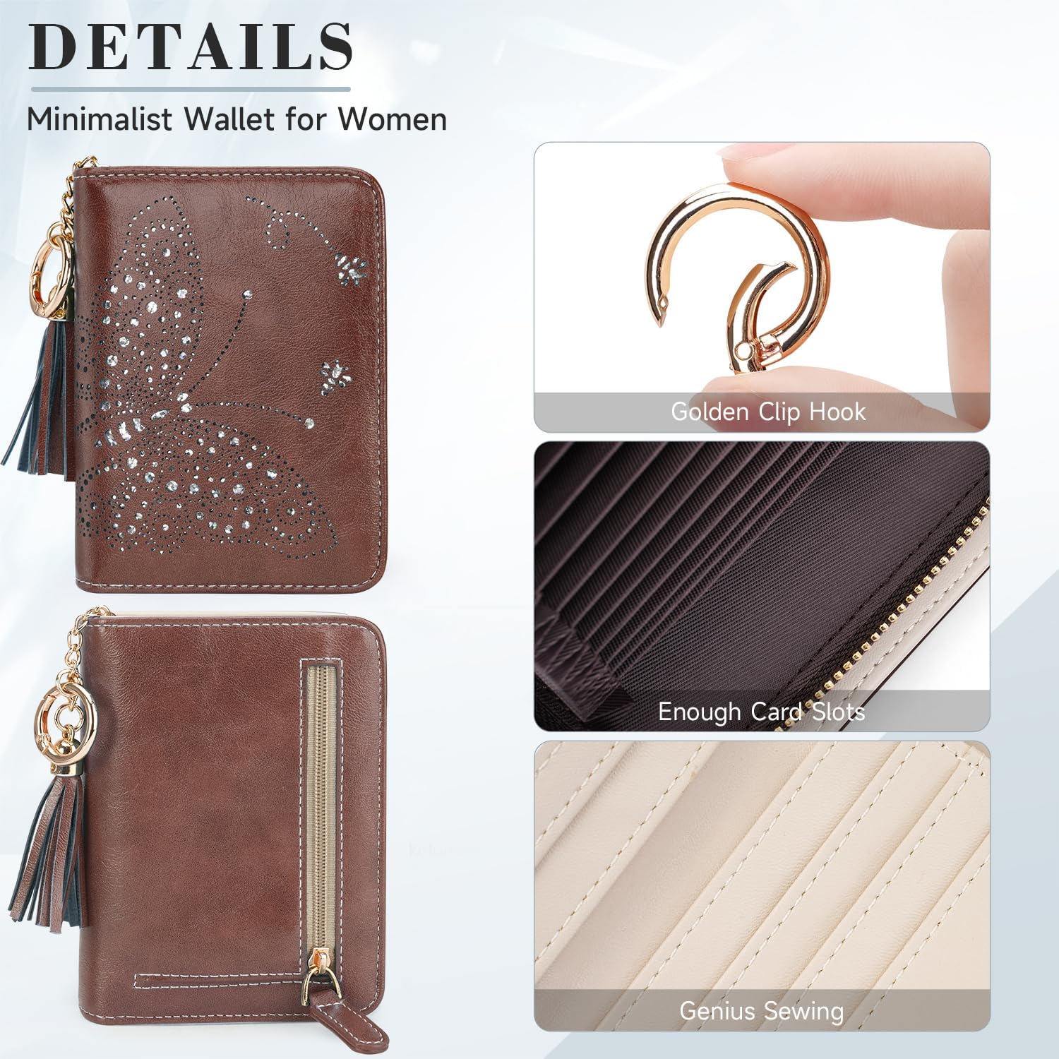 KITEVIUN Women RFID Blocking Small Bifold Wallet, Compact Cash Clutch with Zipper Coin Pocket, Glittery Butterfly Design, Credit Card Holder, Travel Purse with Tassel COFFEE