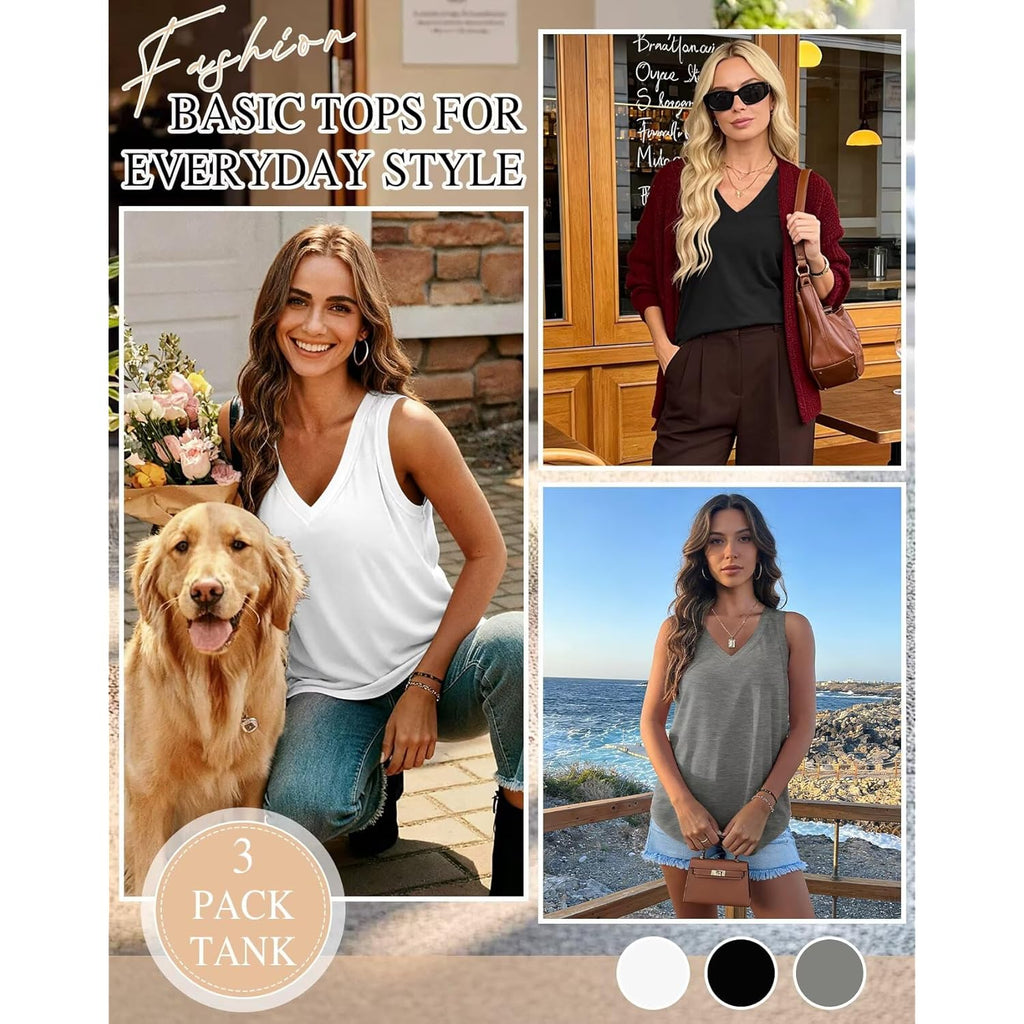 3 Pack Womens Tank Tops 2026 Summer Vacation Outfits V Neck Loose Fit Sleeveless Blouse Casual Shirts Fashion Clothes